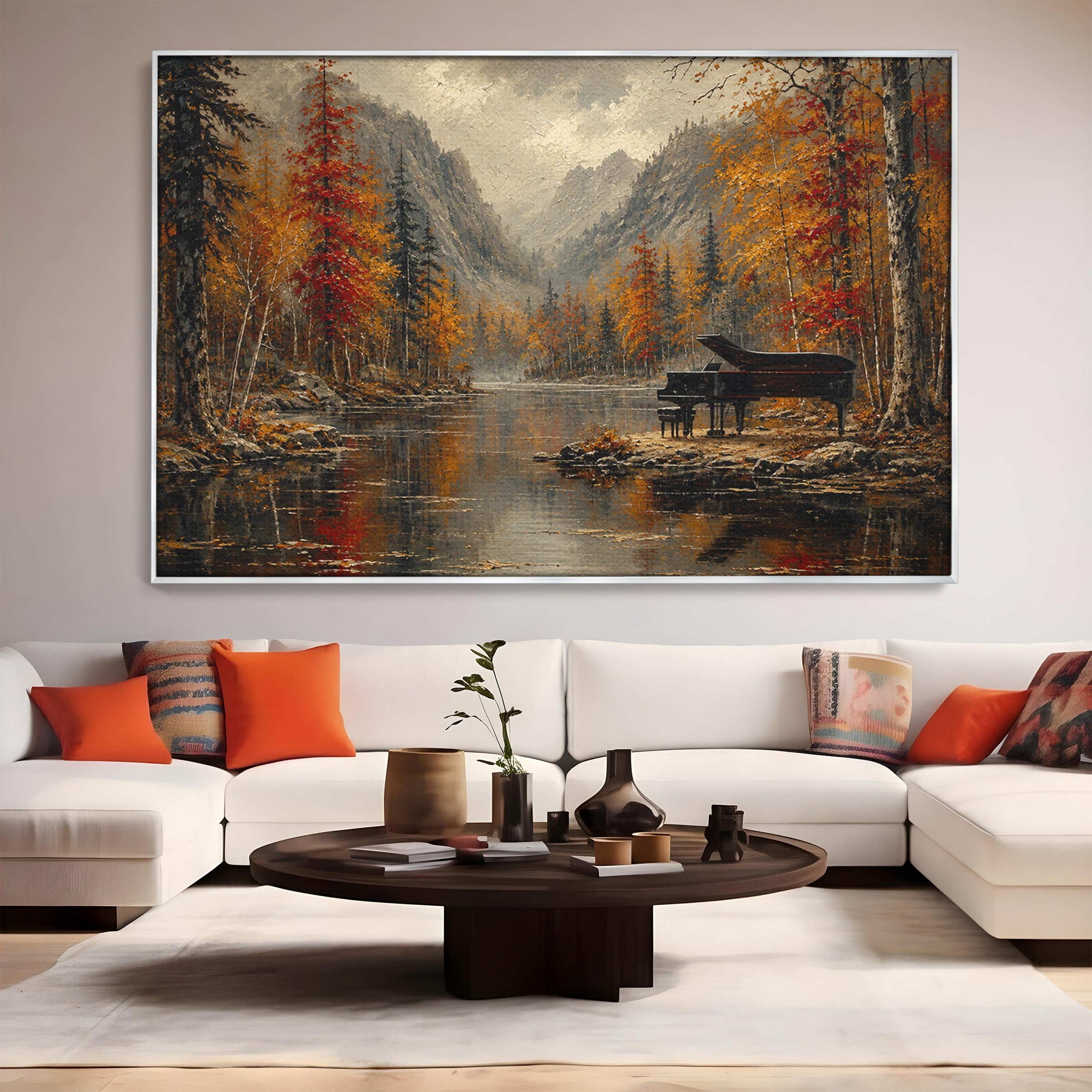 Tablou Canvas Premium LuxCanva® A1731, Pianul In Padurea De Toamna, Pian, Toamna, Padure, Lac, Living, Peisaj, Culori Vibrante