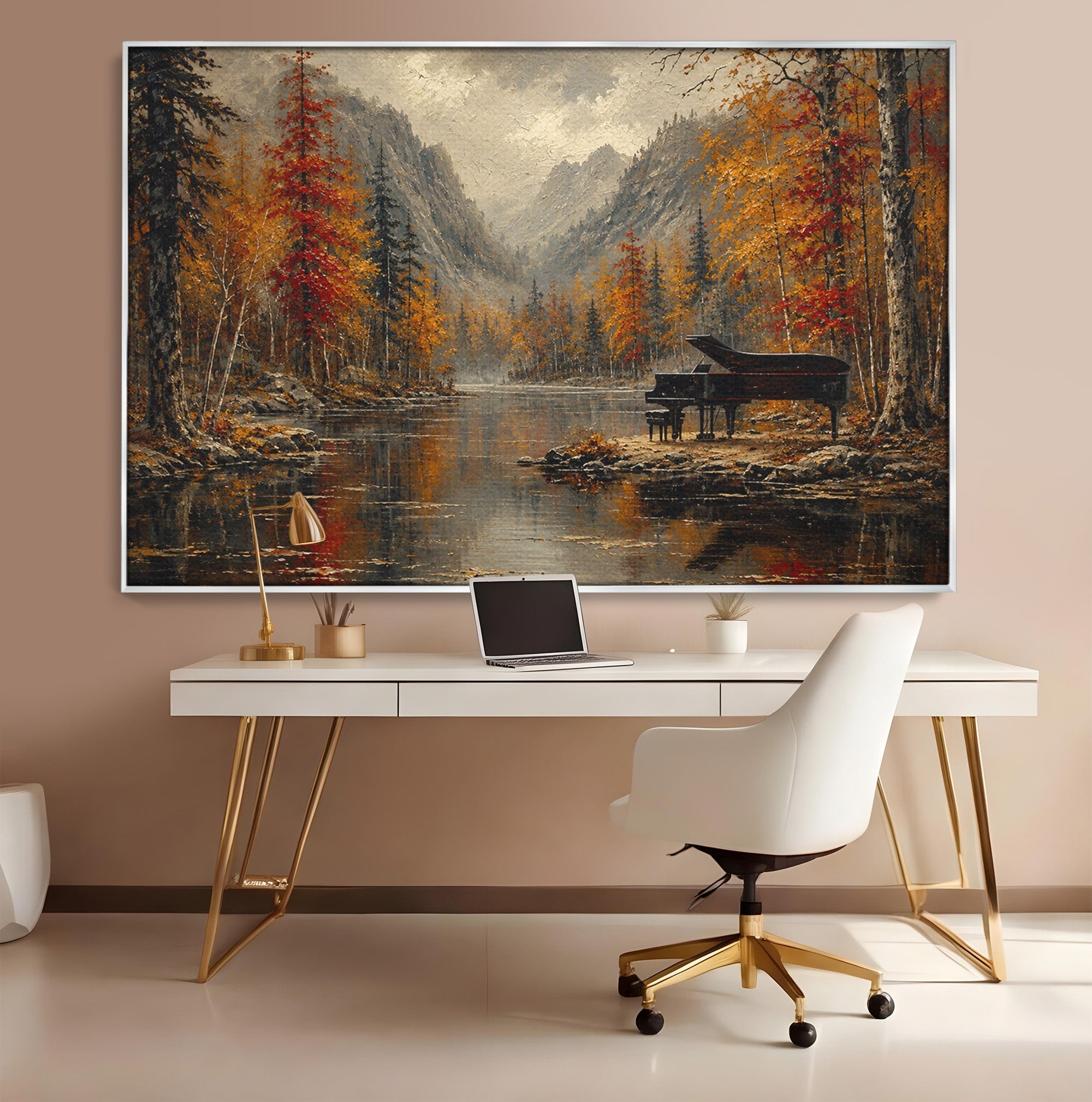Tablou Canvas Premium LuxCanva® A1731, Pianul In Padurea De Toamna, Pian, Toamna, Padure, Lac, Living, Peisaj, Culori Vibrante