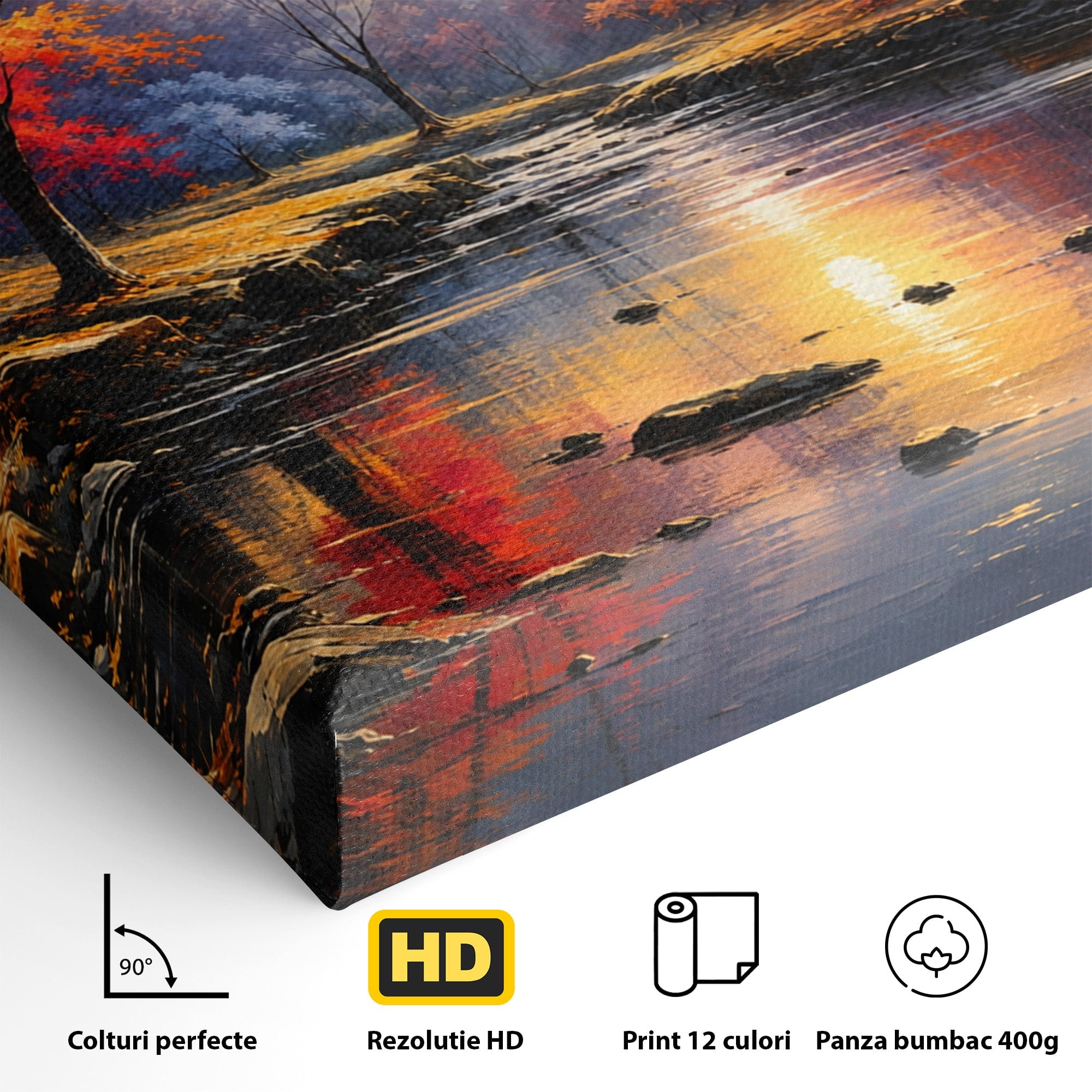 Tablou Canvas Premium LuxCanva® A1732, Apus Peste Râu, Apus, Râu, Copaci, Natura, Peisaj, Living, Culori Vibrante