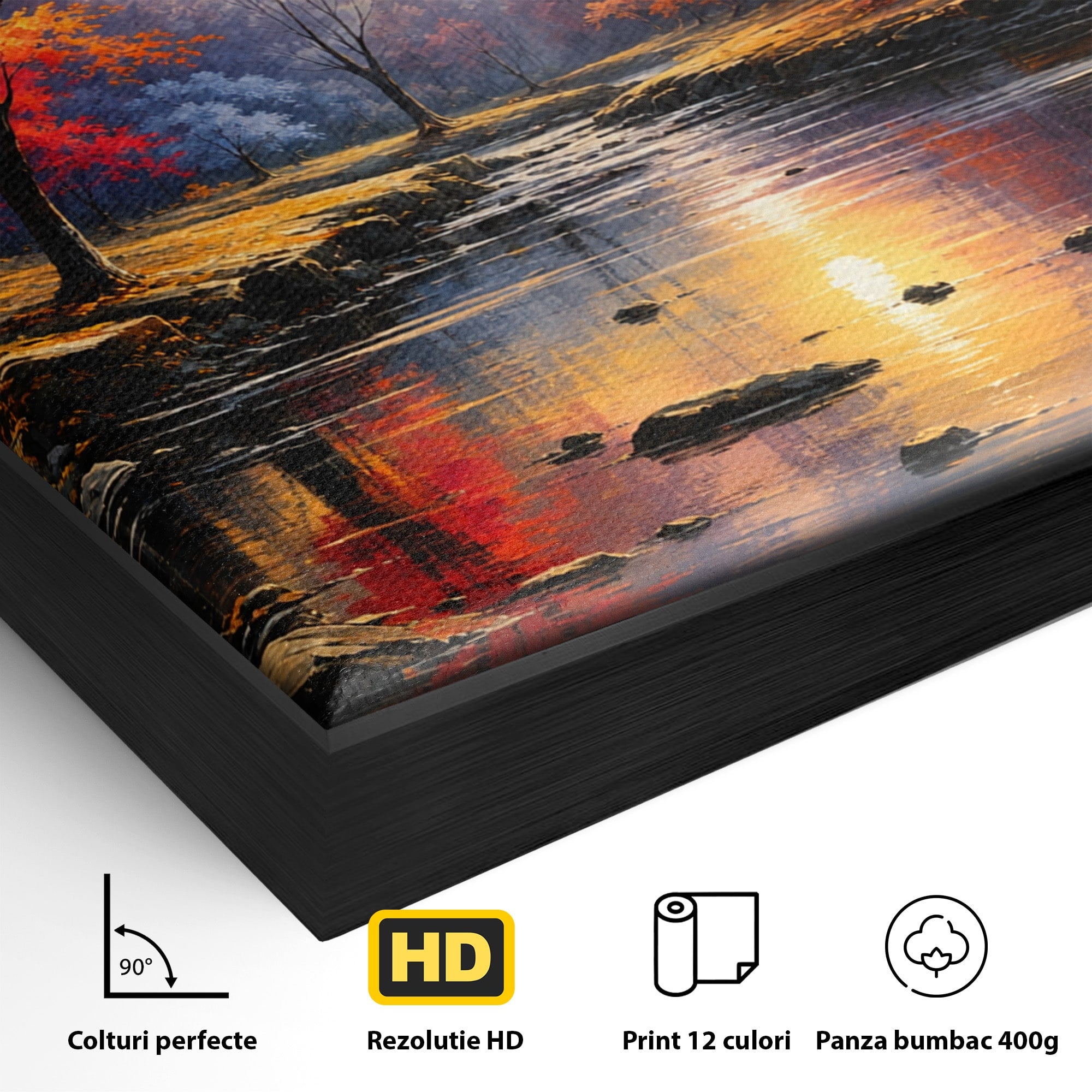 Tablou Canvas Premium LuxCanva® A1732, Apus Peste Râu, Apus, Râu, Copaci, Natura, Peisaj, Living, Culori Vibrante