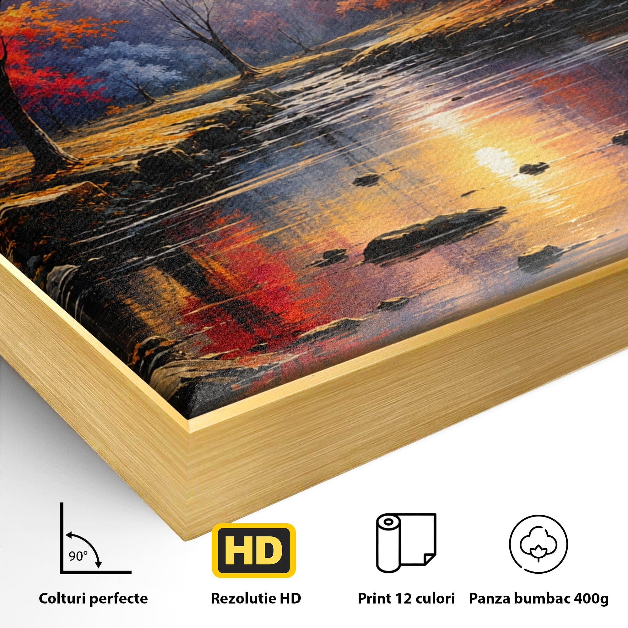 Tablou Canvas Premium LuxCanva® A1732, Apus Peste Râu, Apus, Râu, Copaci, Natura, Peisaj, Living, Culori Vibrante