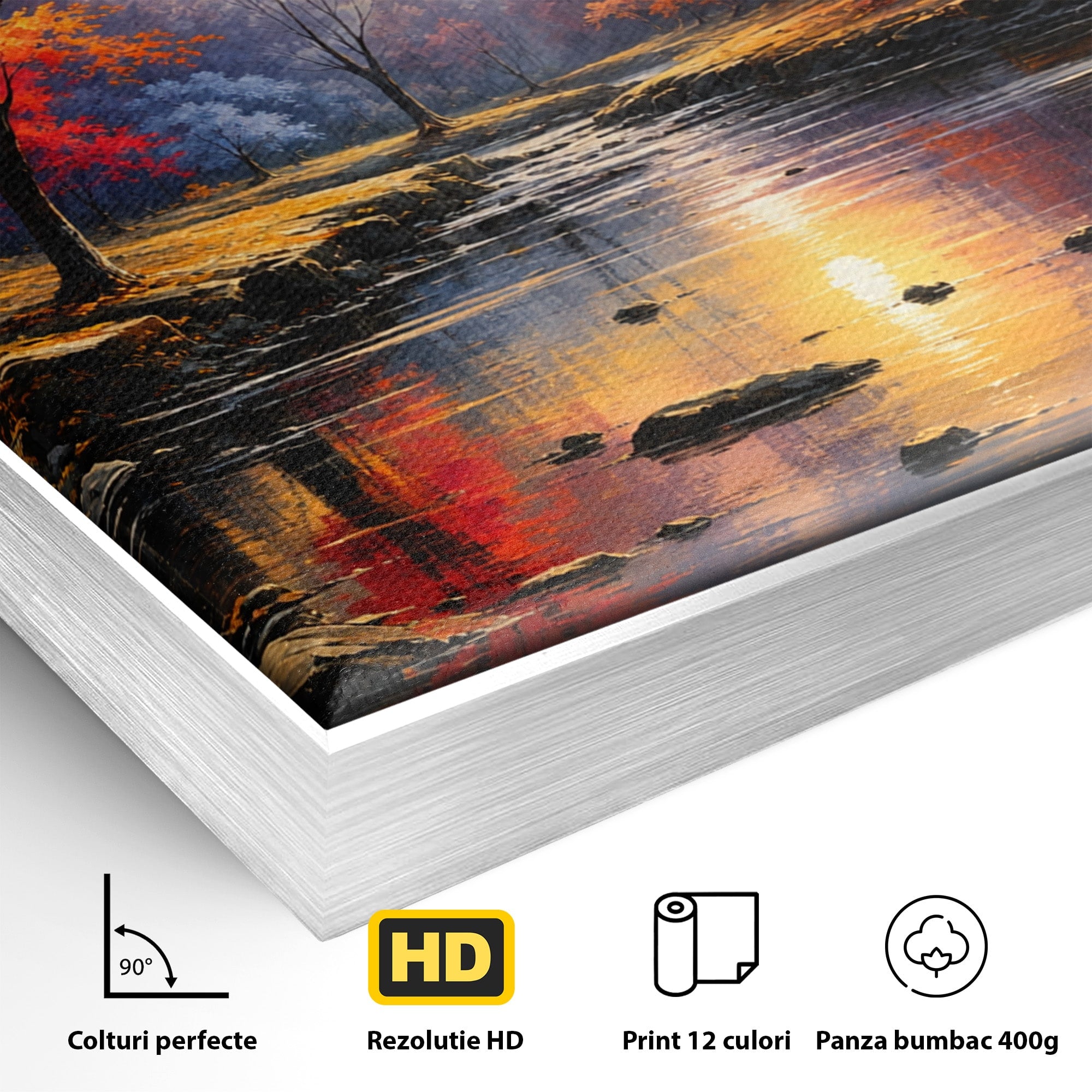 Tablou Canvas Premium LuxCanva® A1732, Apus Peste Râu, Apus, Râu, Copaci, Natura, Peisaj, Living, Culori Vibrante