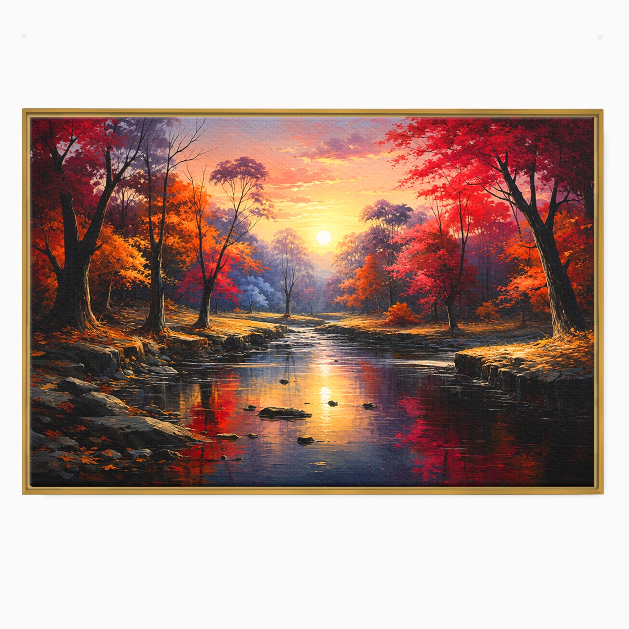 Tablou Canvas Premium LuxCanva® A1732, Apus Peste Râu, Apus, Râu, Copaci, Natura, Peisaj, Living, Culori Vibrante