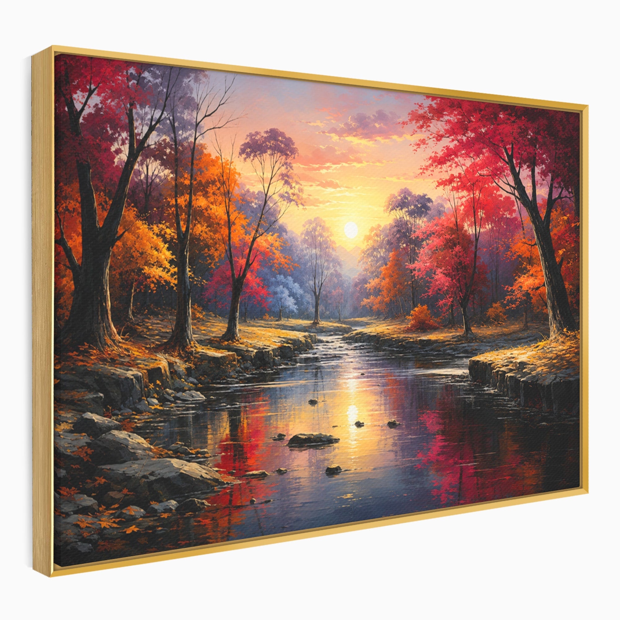 Tablou Canvas Premium LuxCanva® A1732, Apus Peste Râu, Apus, Râu, Copaci, Natura, Peisaj, Living, Culori Vibrante