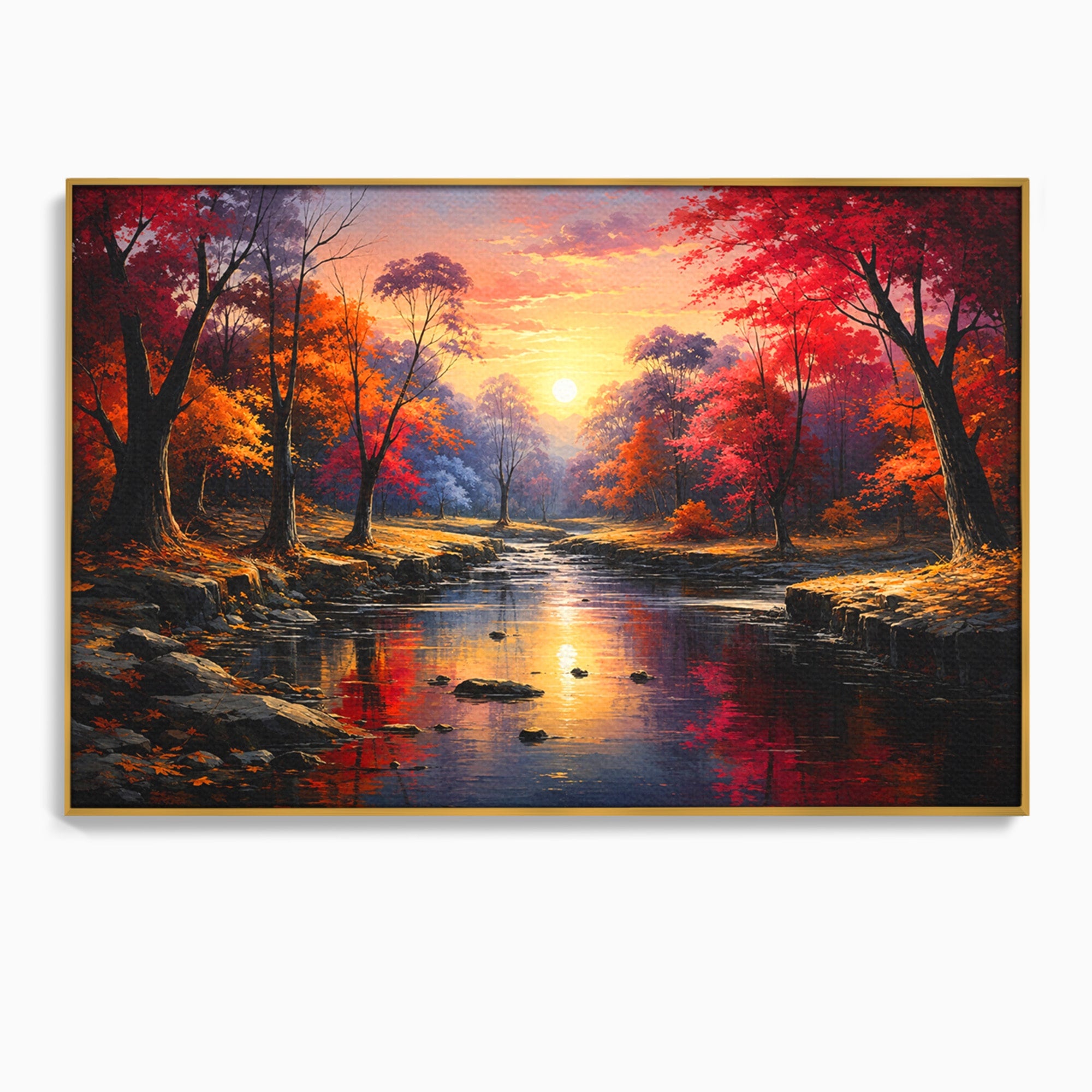 Tablou Canvas Premium LuxCanva® A1732, Apus Peste Râu, Apus, Râu, Copaci, Natura, Peisaj, Living, Culori Vibrante