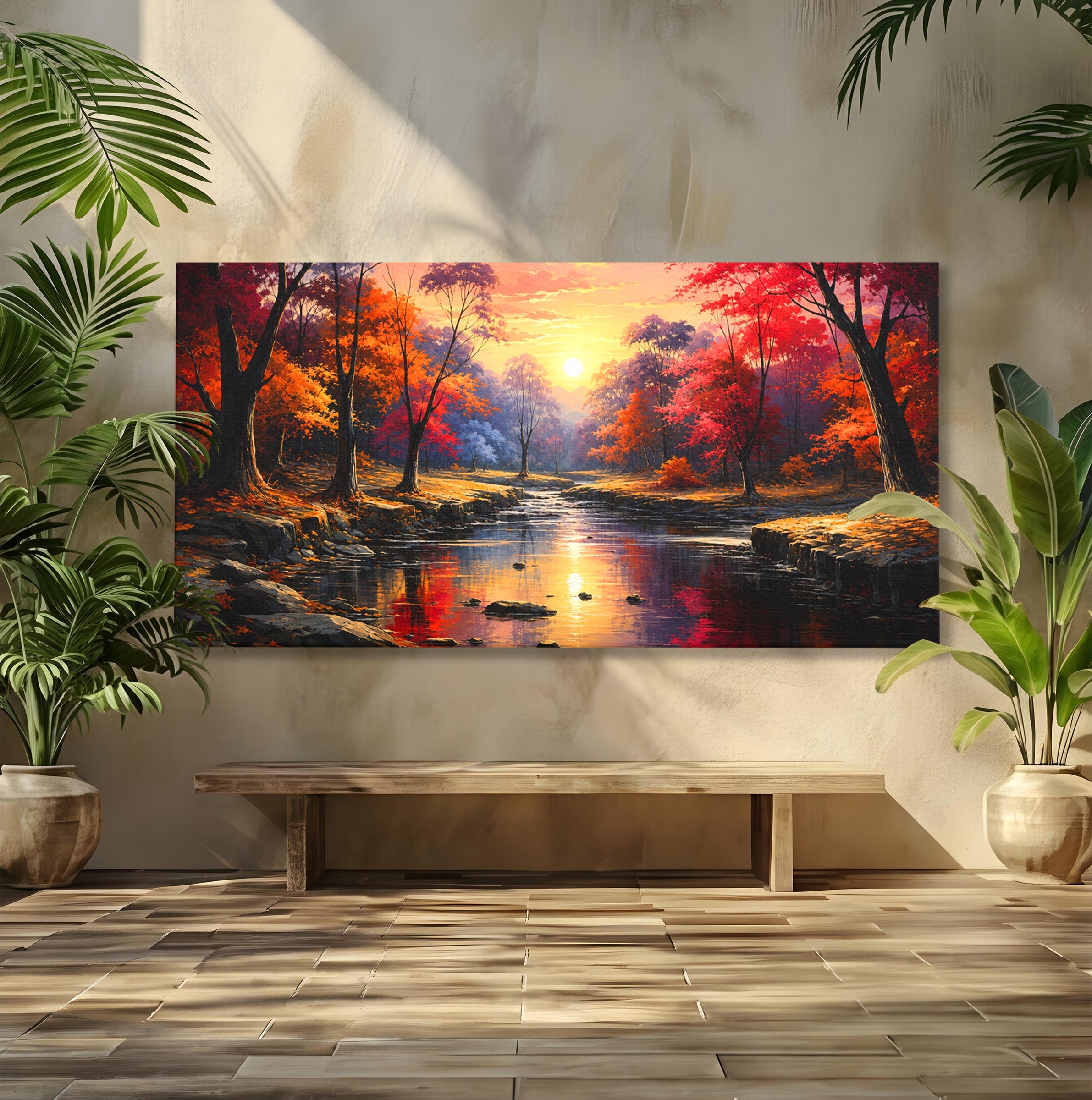 Tablou Canvas Premium LuxCanva® A1732, Apus Peste Râu, Apus, Râu, Copaci, Natura, Peisaj, Living, Culori Vibrante