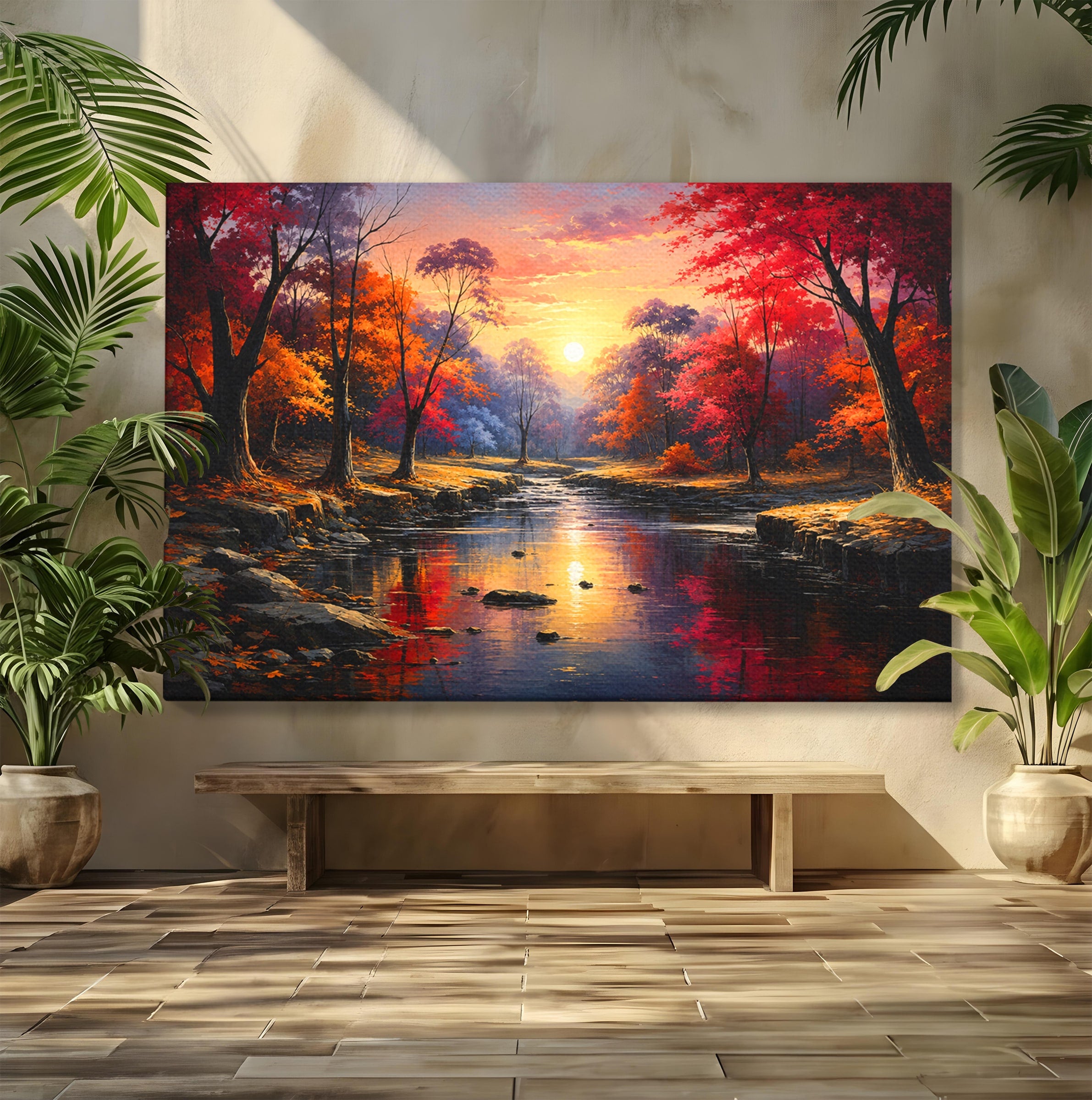 Tablou Canvas Premium LuxCanva® A1732, Apus Peste Râu, Apus, Râu, Copaci, Natura, Peisaj, Living, Culori Vibrante