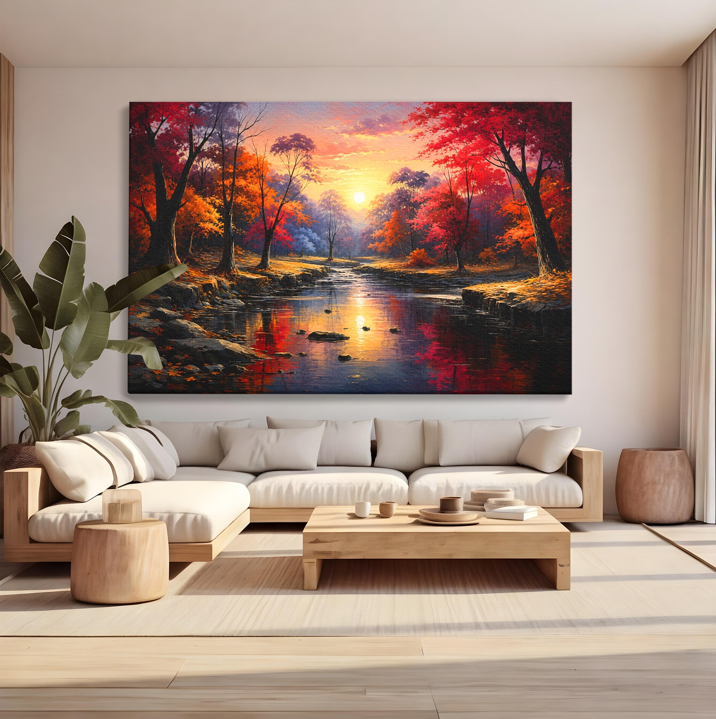 Tablou Canvas Premium LuxCanva® A1732, Apus Peste Râu, Apus, Râu, Copaci, Natura, Peisaj, Living, Culori Vibrante