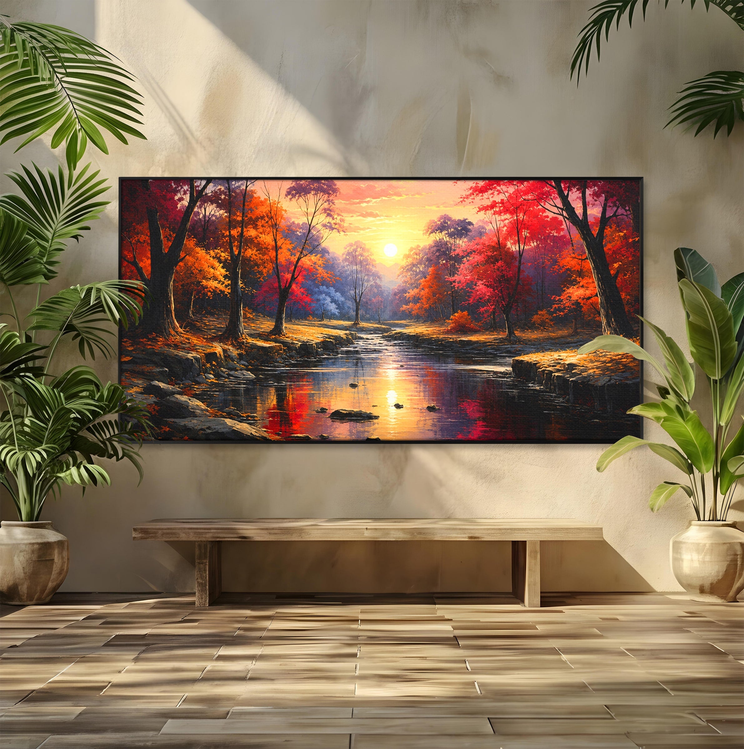 Tablou Canvas Premium LuxCanva® A1732, Apus Peste Râu, Apus, Râu, Copaci, Natura, Peisaj, Living, Culori Vibrante