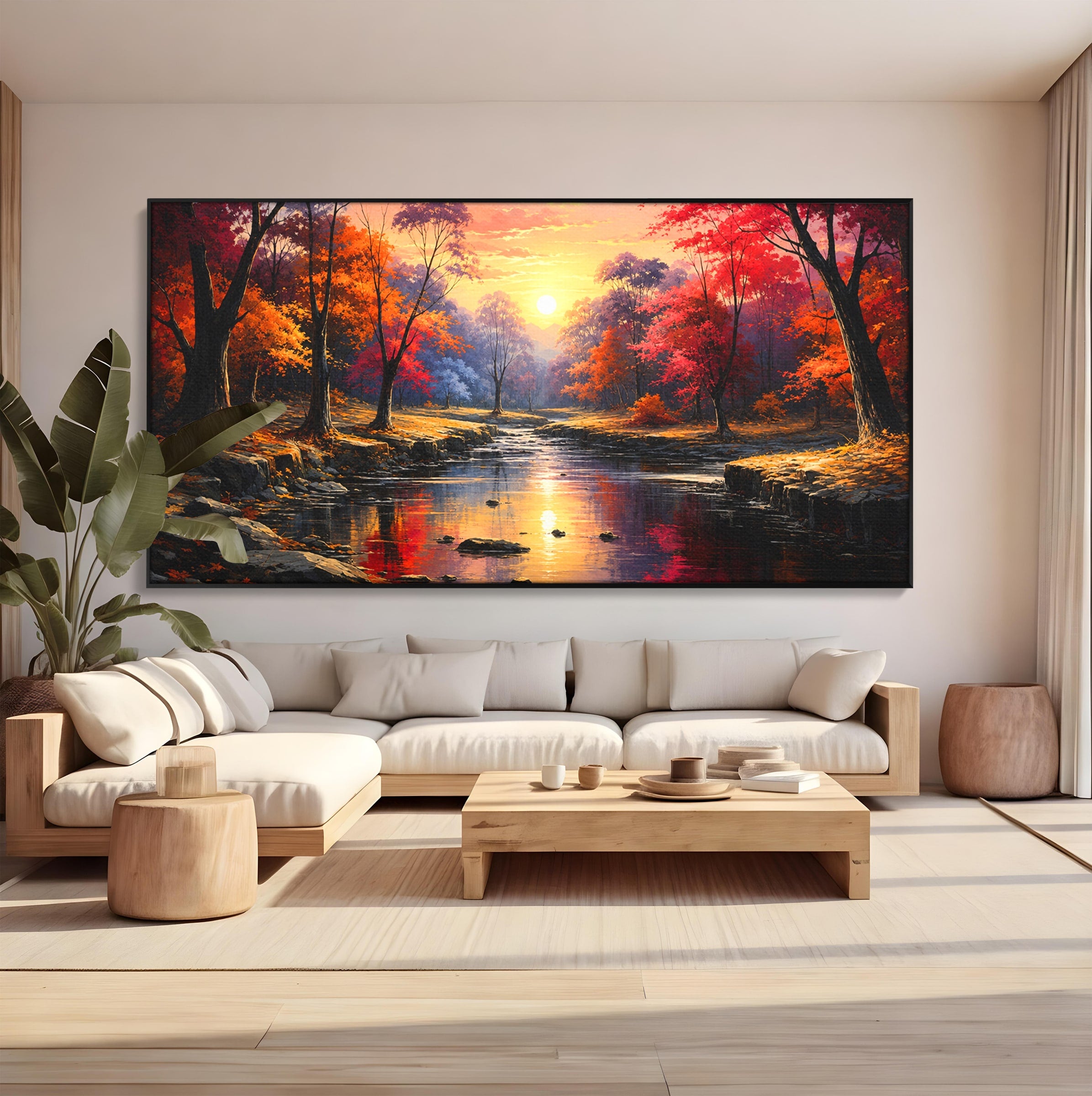 Tablou Canvas Premium LuxCanva® A1732, Apus Peste Râu, Apus, Râu, Copaci, Natura, Peisaj, Living, Culori Vibrante