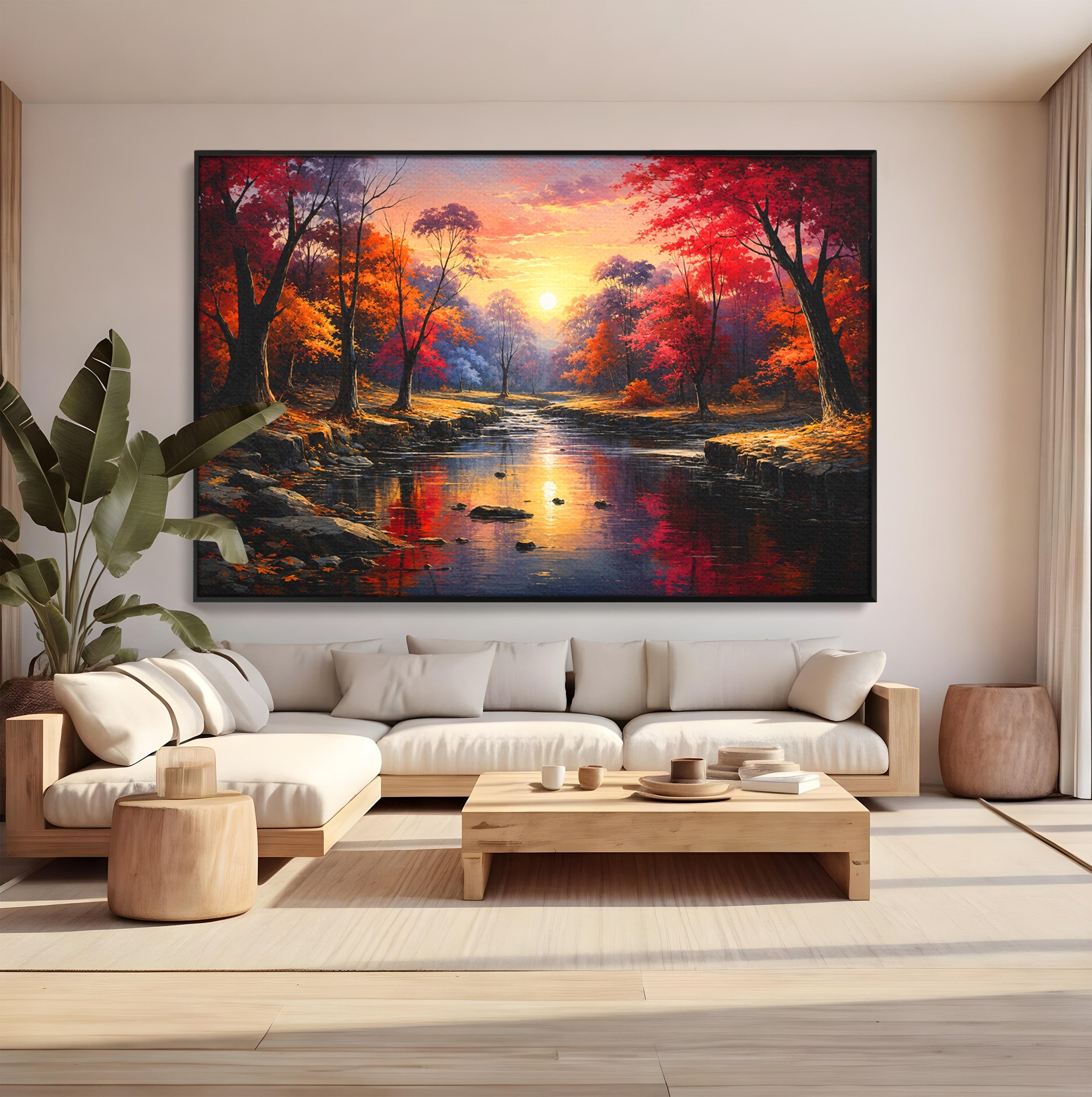 Tablou Canvas Premium LuxCanva® A1732, Apus Peste Râu, Apus, Râu, Copaci, Natura, Peisaj, Living, Culori Vibrante