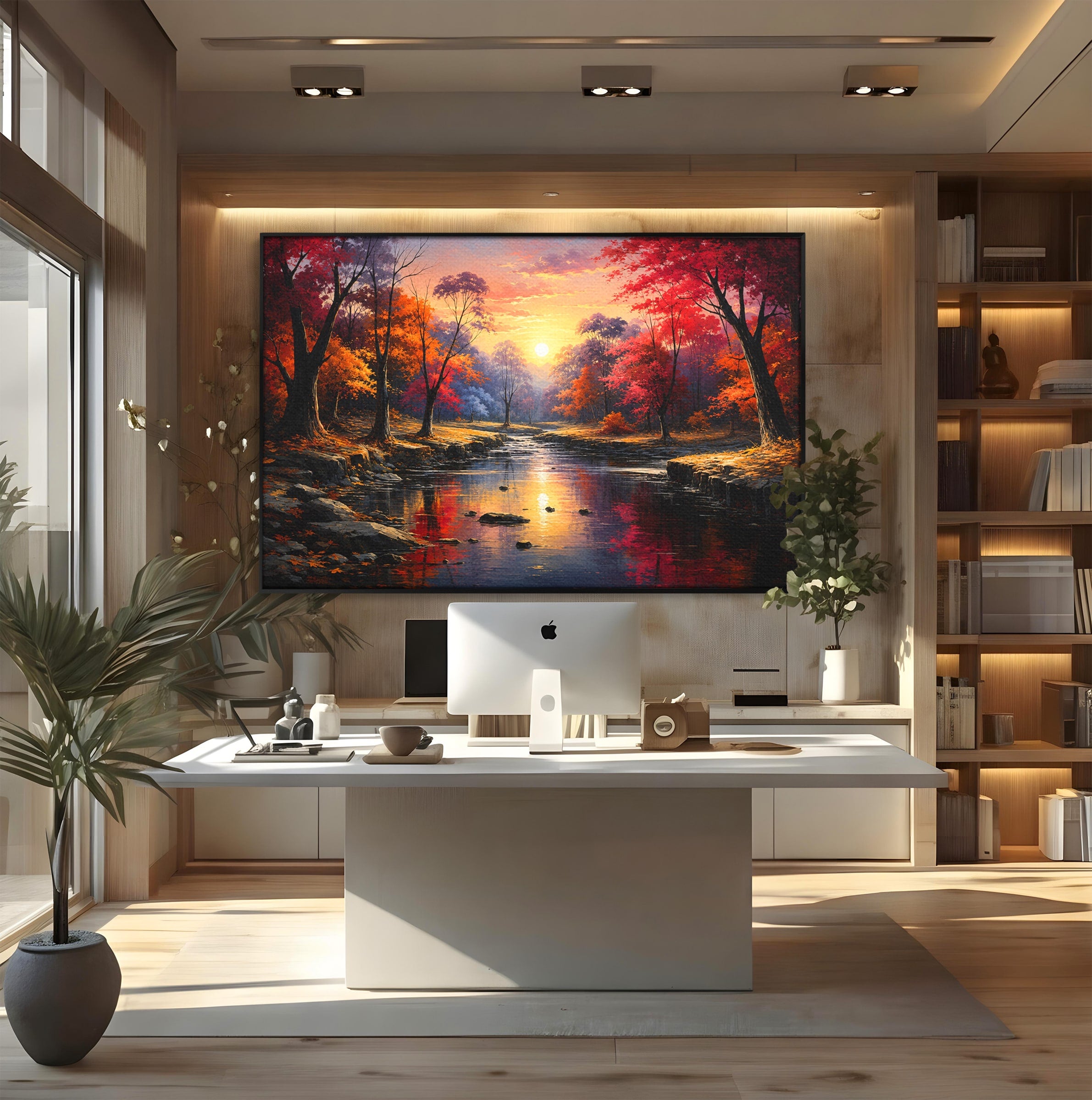 Tablou Canvas Premium LuxCanva® A1732, Apus Peste Râu, Apus, Râu, Copaci, Natura, Peisaj, Living, Culori Vibrante