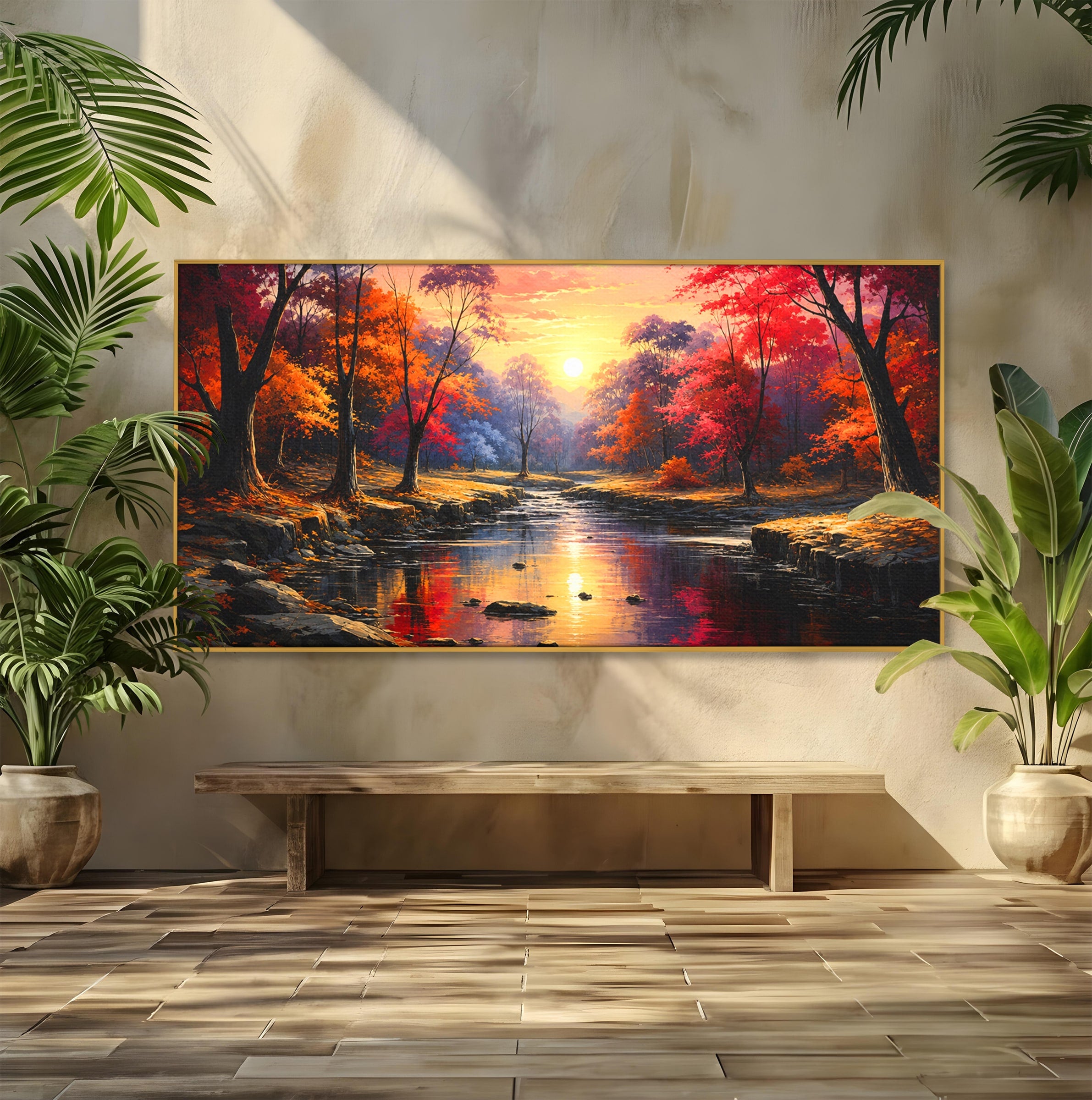 Tablou Canvas Premium LuxCanva® A1732, Apus Peste Râu, Apus, Râu, Copaci, Natura, Peisaj, Living, Culori Vibrante