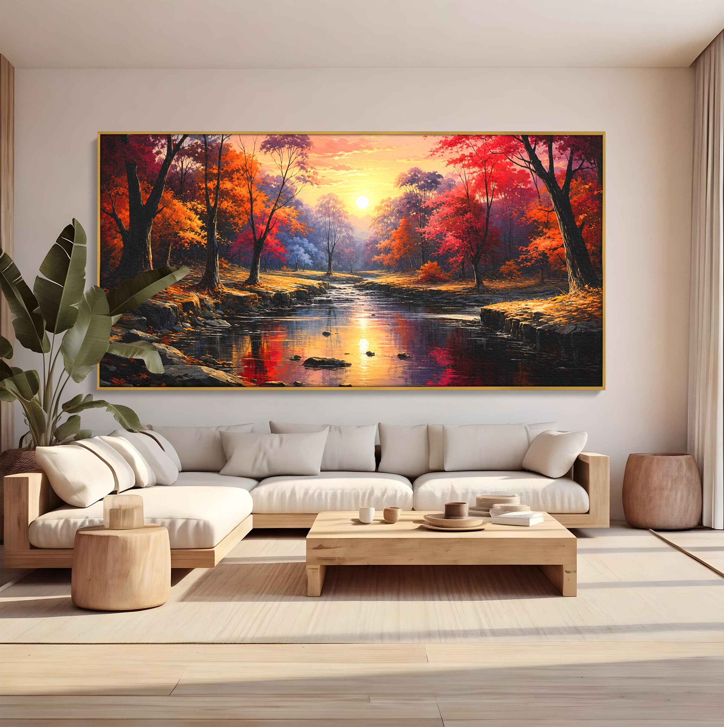 Tablou Canvas Premium LuxCanva® A1732, Apus Peste Râu, Apus, Râu, Copaci, Natura, Peisaj, Living, Culori Vibrante