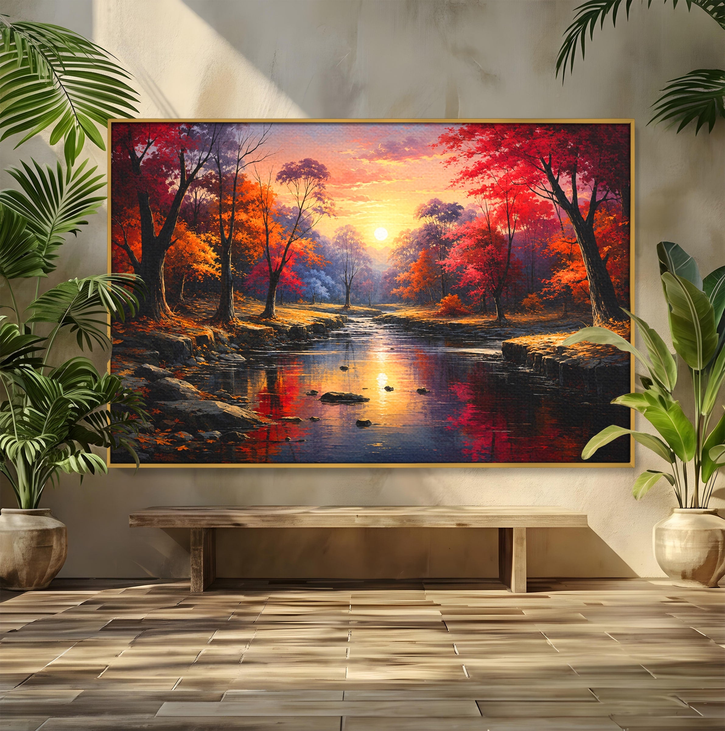 Tablou Canvas Premium LuxCanva® A1732, Apus Peste Râu, Apus, Râu, Copaci, Natura, Peisaj, Living, Culori Vibrante