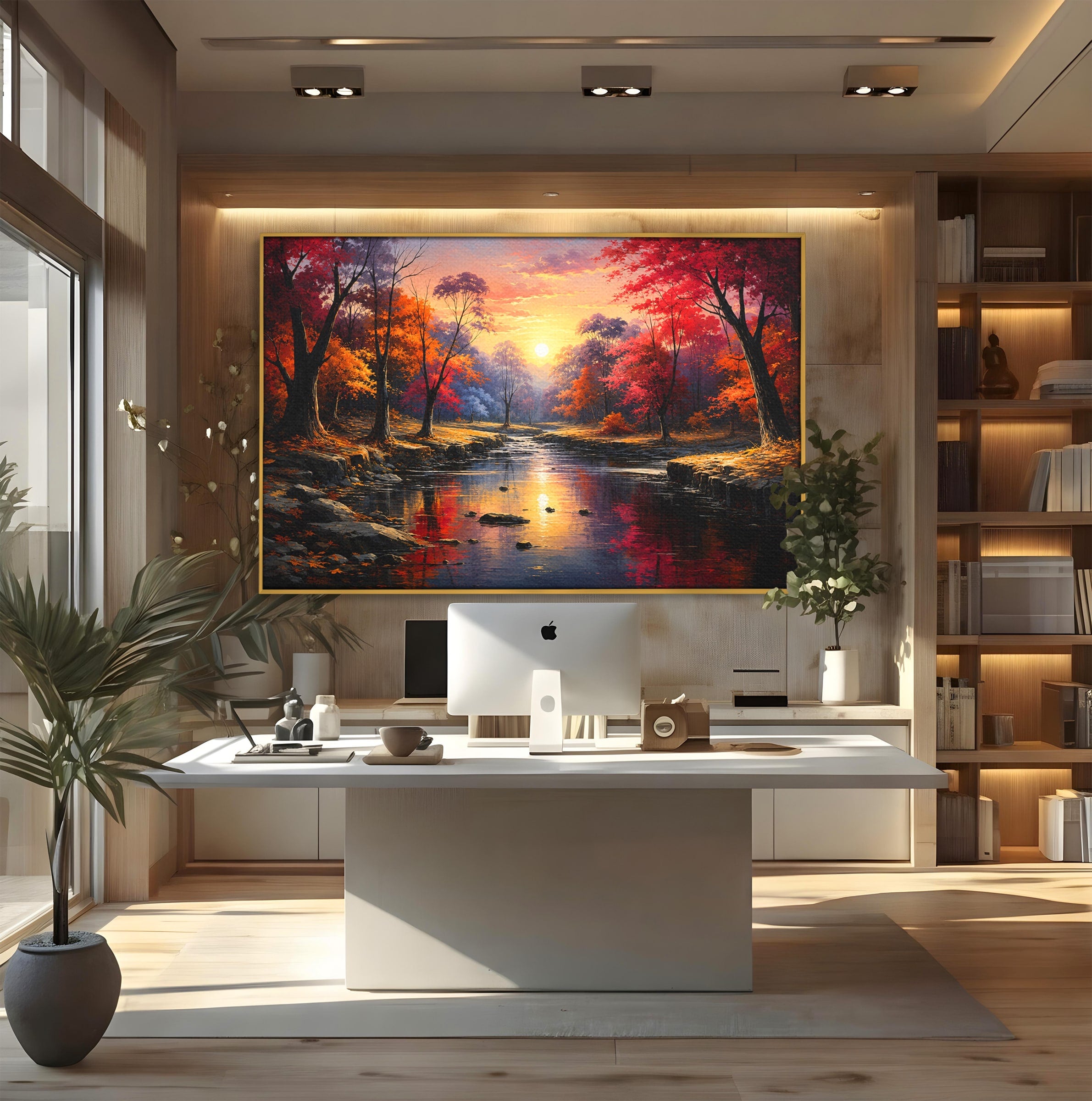 Tablou Canvas Premium LuxCanva® A1732, Apus Peste Râu, Apus, Râu, Copaci, Natura, Peisaj, Living, Culori Vibrante
