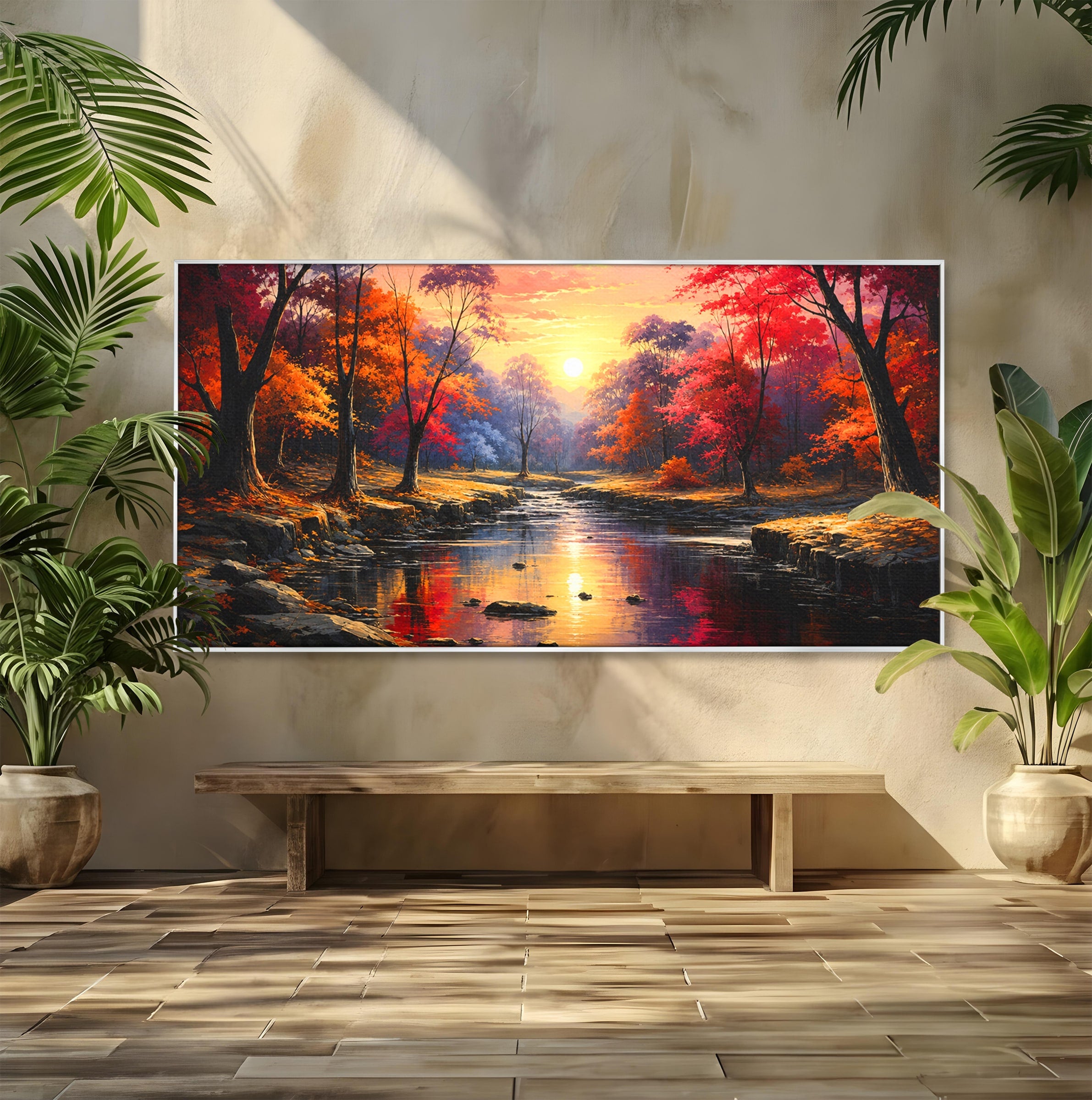 Tablou Canvas Premium LuxCanva® A1732, Apus Peste Râu, Apus, Râu, Copaci, Natura, Peisaj, Living, Culori Vibrante