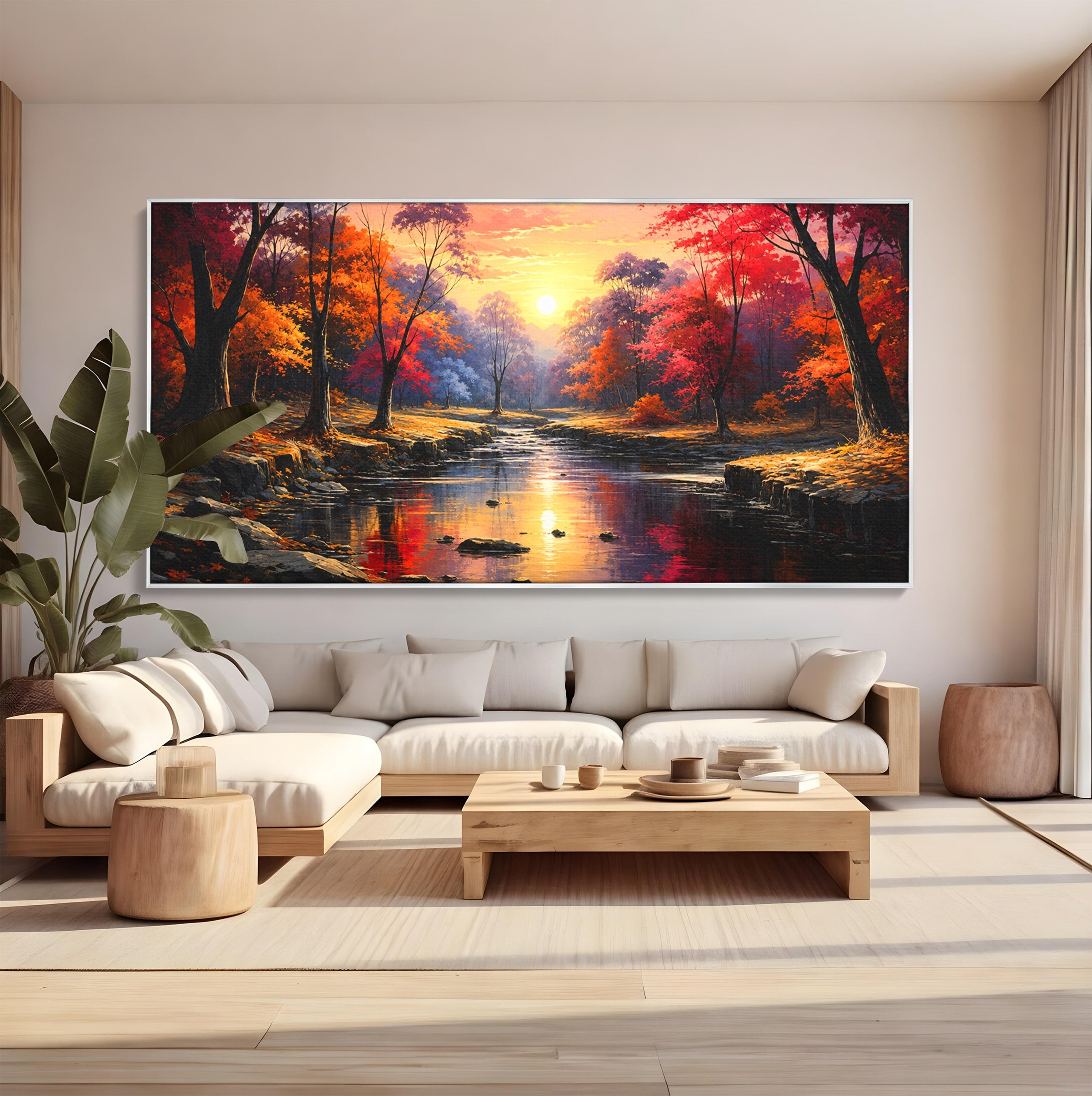 Tablou Canvas Premium LuxCanva® A1732, Apus Peste Râu, Apus, Râu, Copaci, Natura, Peisaj, Living, Culori Vibrante