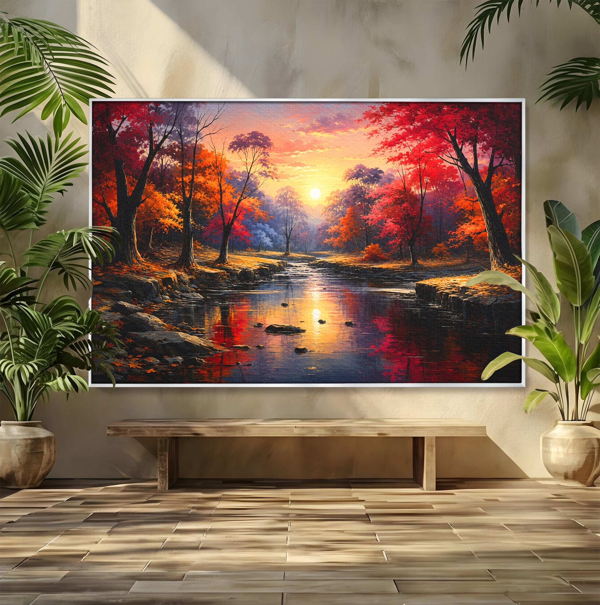 Tablou Canvas Premium LuxCanva® A1732, Apus Peste Râu, Apus, Râu, Copaci, Natura, Peisaj, Living, Culori Vibrante