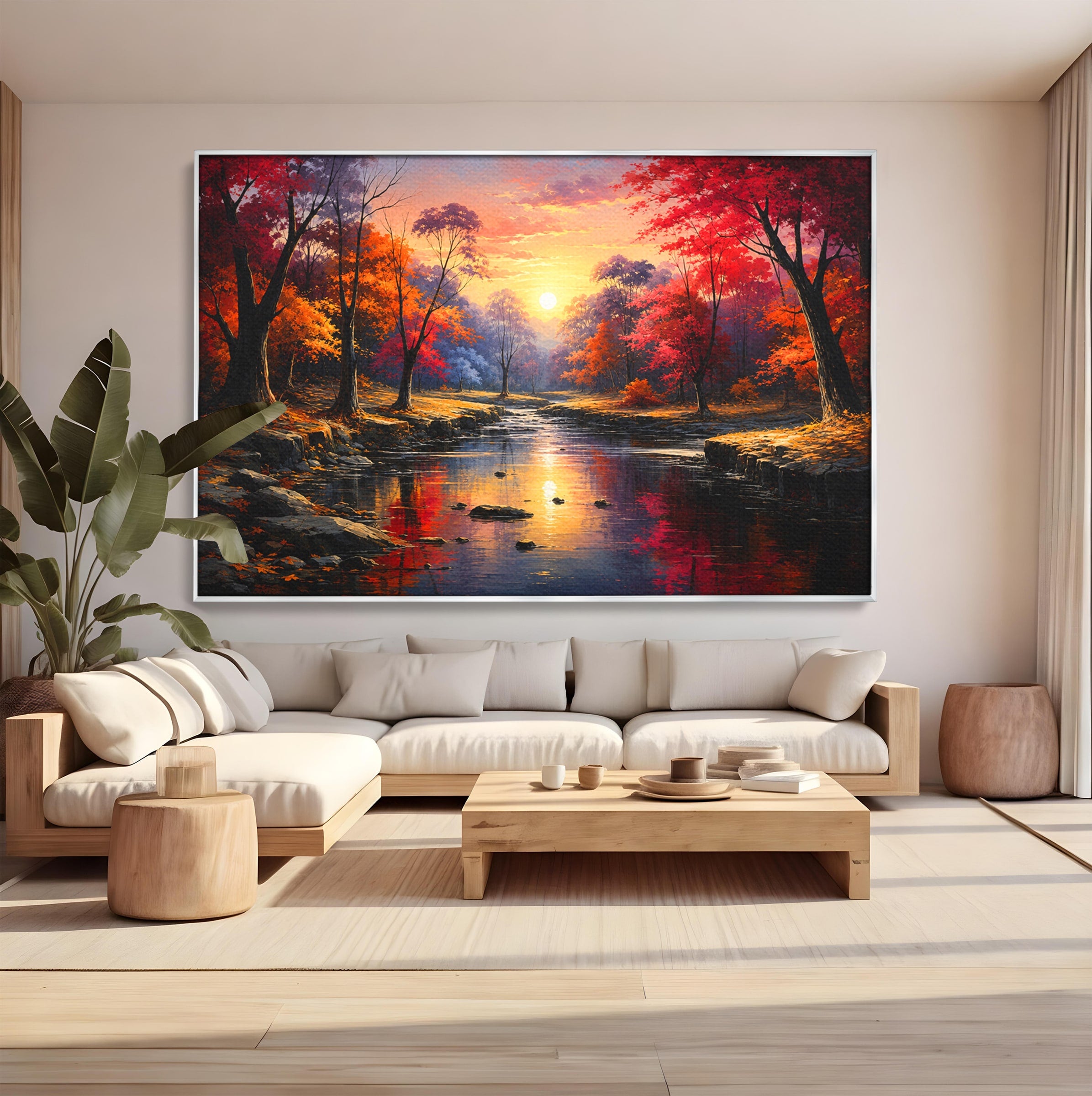 Tablou Canvas Premium LuxCanva® A1732, Apus Peste Râu, Apus, Râu, Copaci, Natura, Peisaj, Living, Culori Vibrante