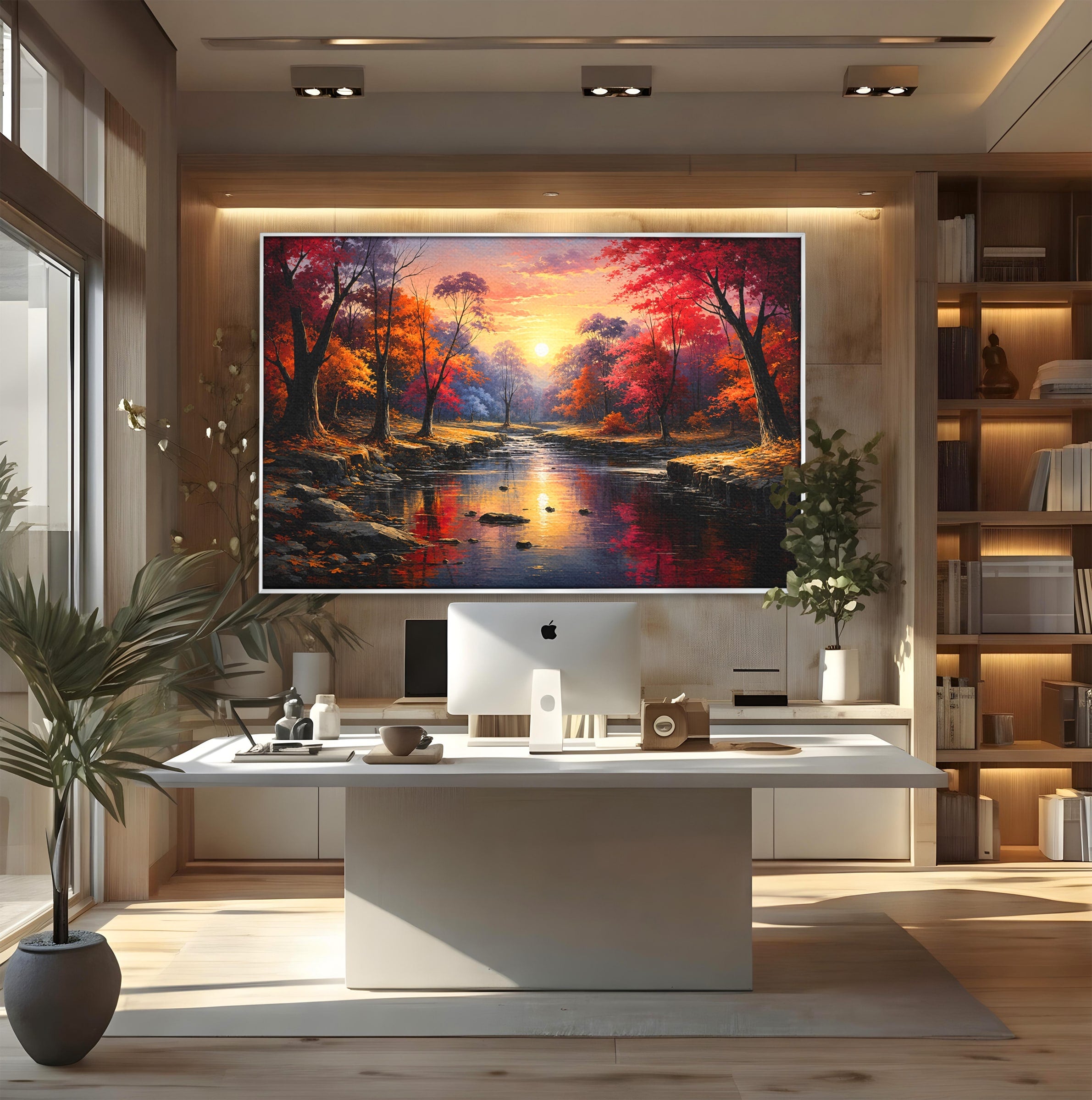 Tablou Canvas Premium LuxCanva® A1732, Apus Peste Râu, Apus, Râu, Copaci, Natura, Peisaj, Living, Culori Vibrante