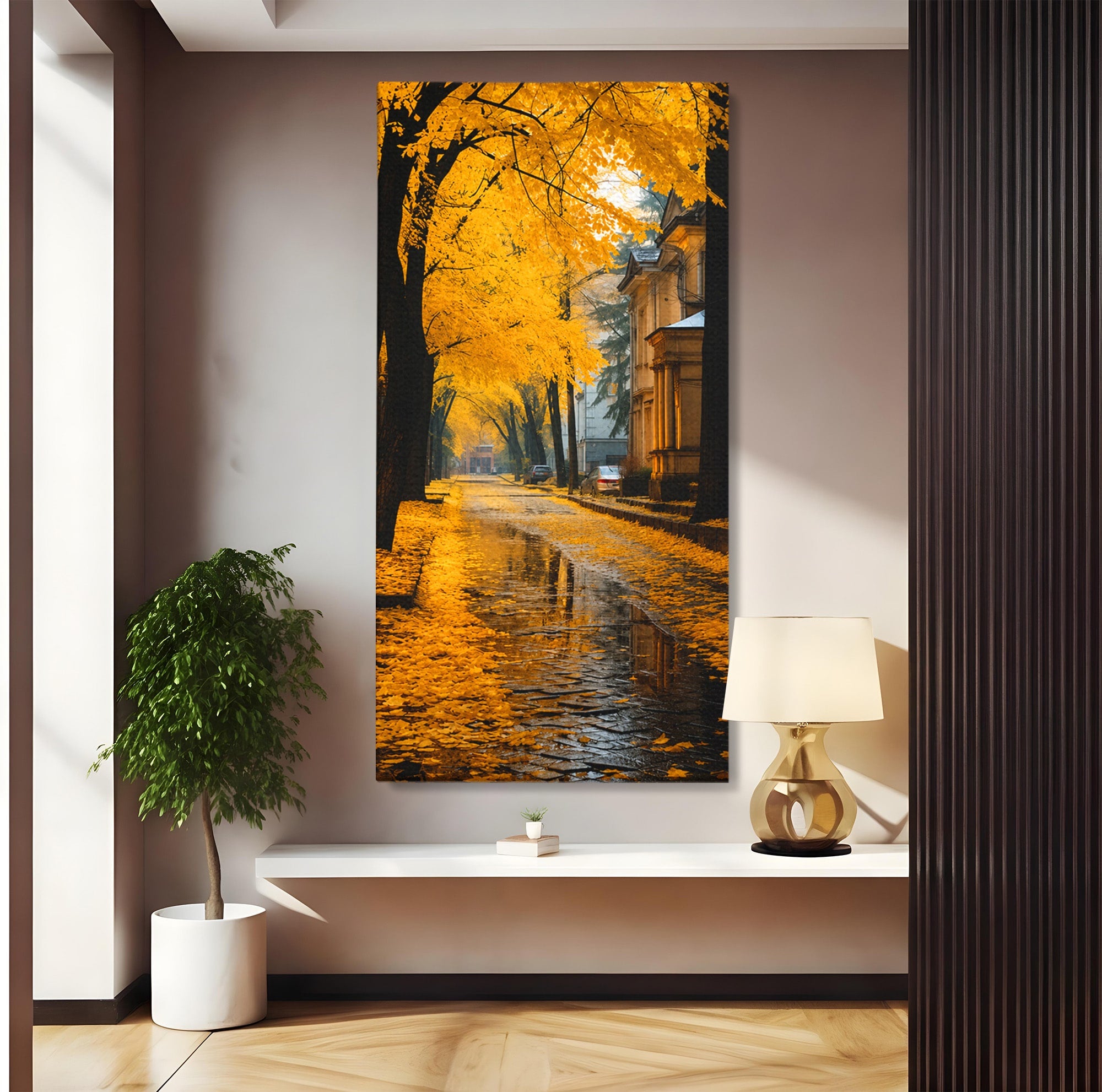 Tablou Canvas Premium LuxCanva® A1733, Toamna Aurie, Toamna, Frunze, Peisaj Urban, Melancolie, Living, Culori Vibrante