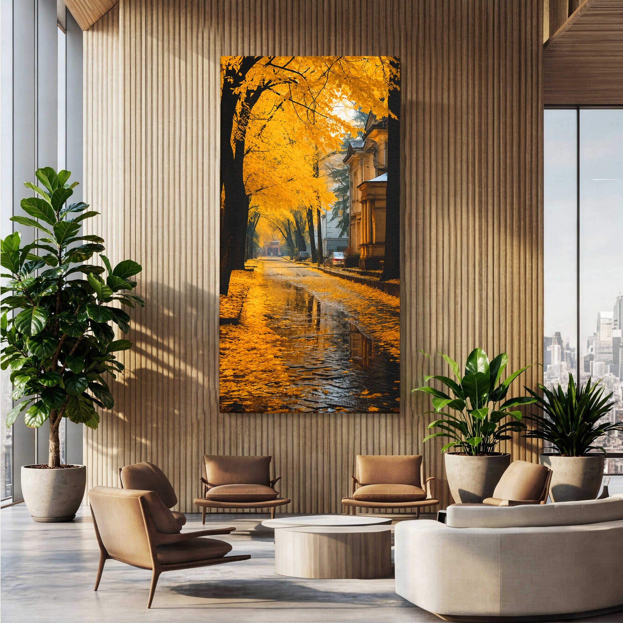 Tablou Canvas Premium LuxCanva® A1733, Toamna Aurie, Toamna, Frunze, Peisaj Urban, Melancolie, Living, Culori Vibrante