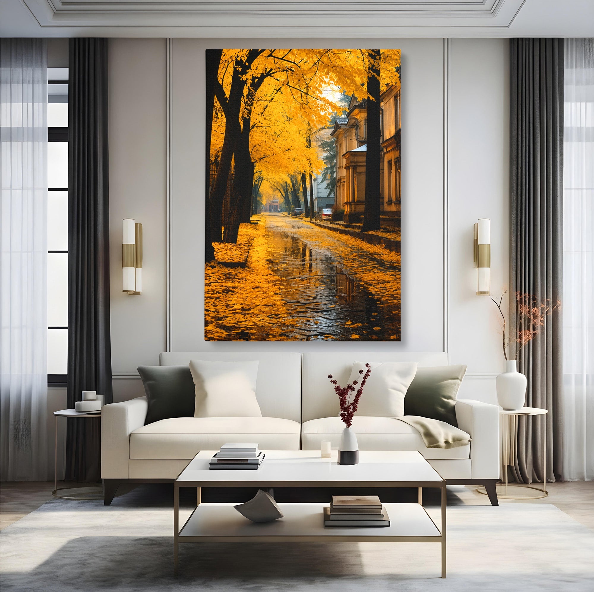 Tablou Canvas Premium LuxCanva® A1733, Toamna Aurie, Toamna, Frunze, Peisaj Urban, Melancolie, Living, Culori Vibrante