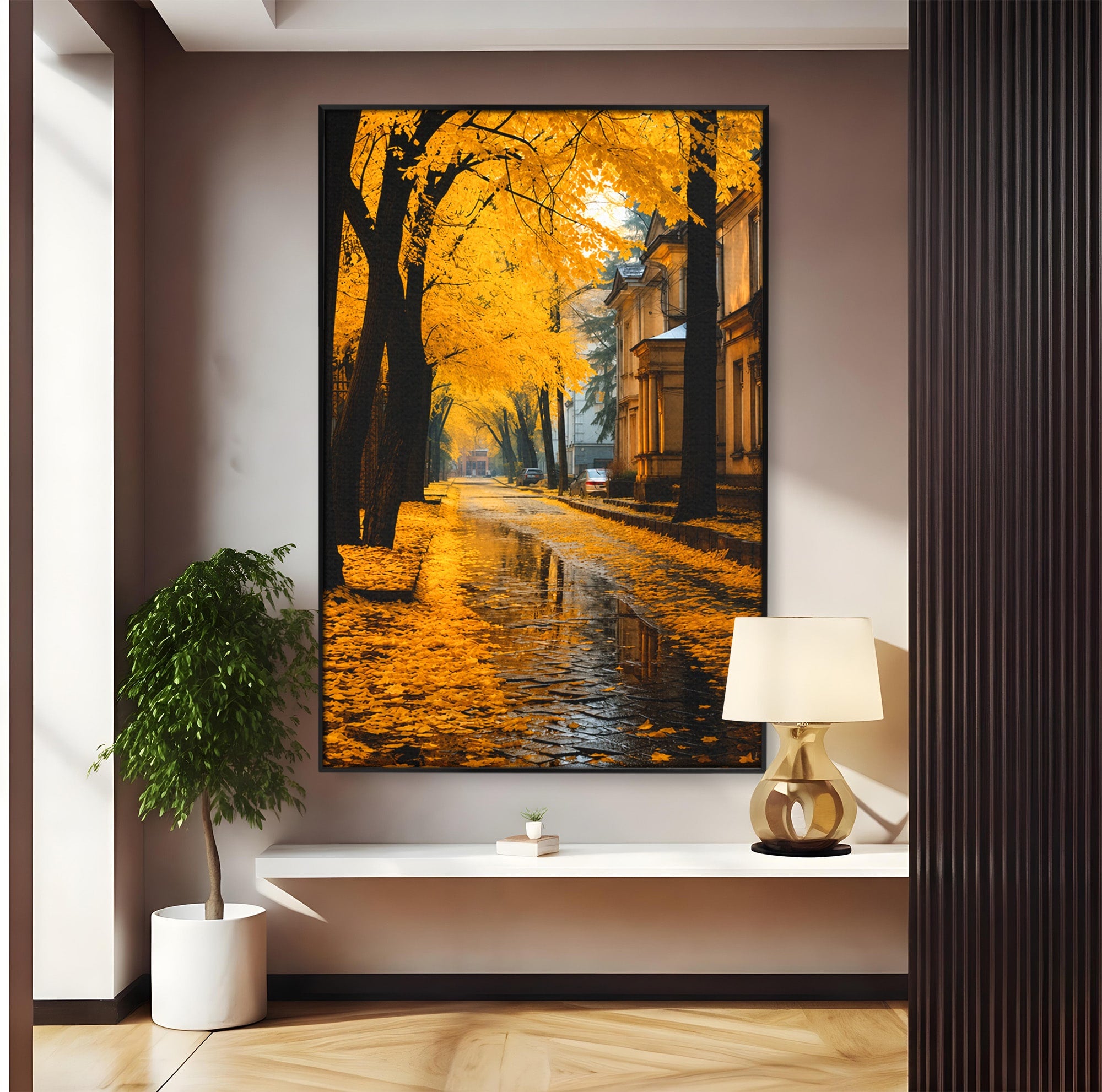 Tablou Canvas Premium LuxCanva® A1733, Toamna Aurie, Toamna, Frunze, Peisaj Urban, Melancolie, Living, Culori Vibrante