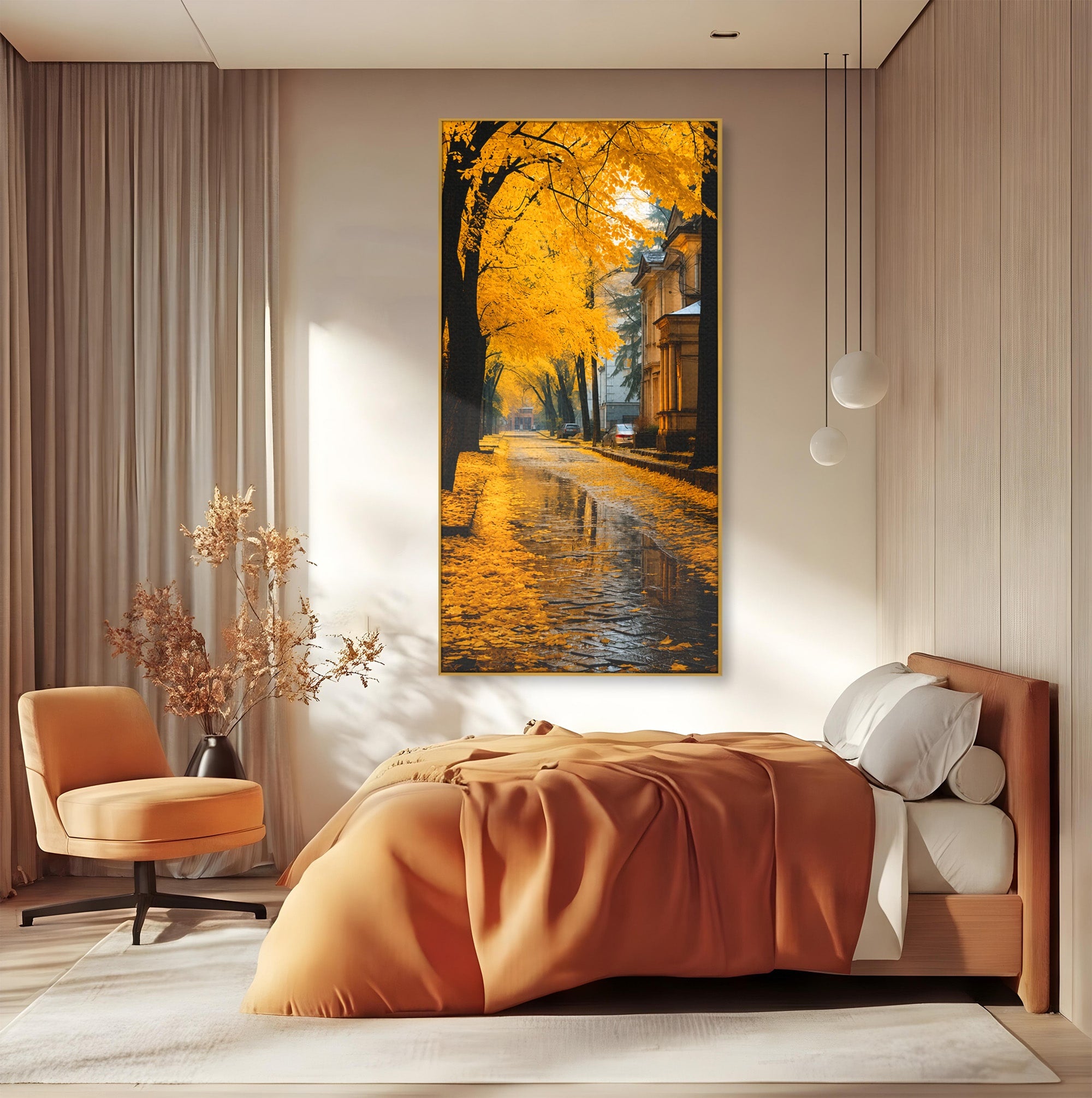 Tablou Canvas Premium LuxCanva® A1733, Toamna Aurie, Toamna, Frunze, Peisaj Urban, Melancolie, Living, Culori Vibrante
