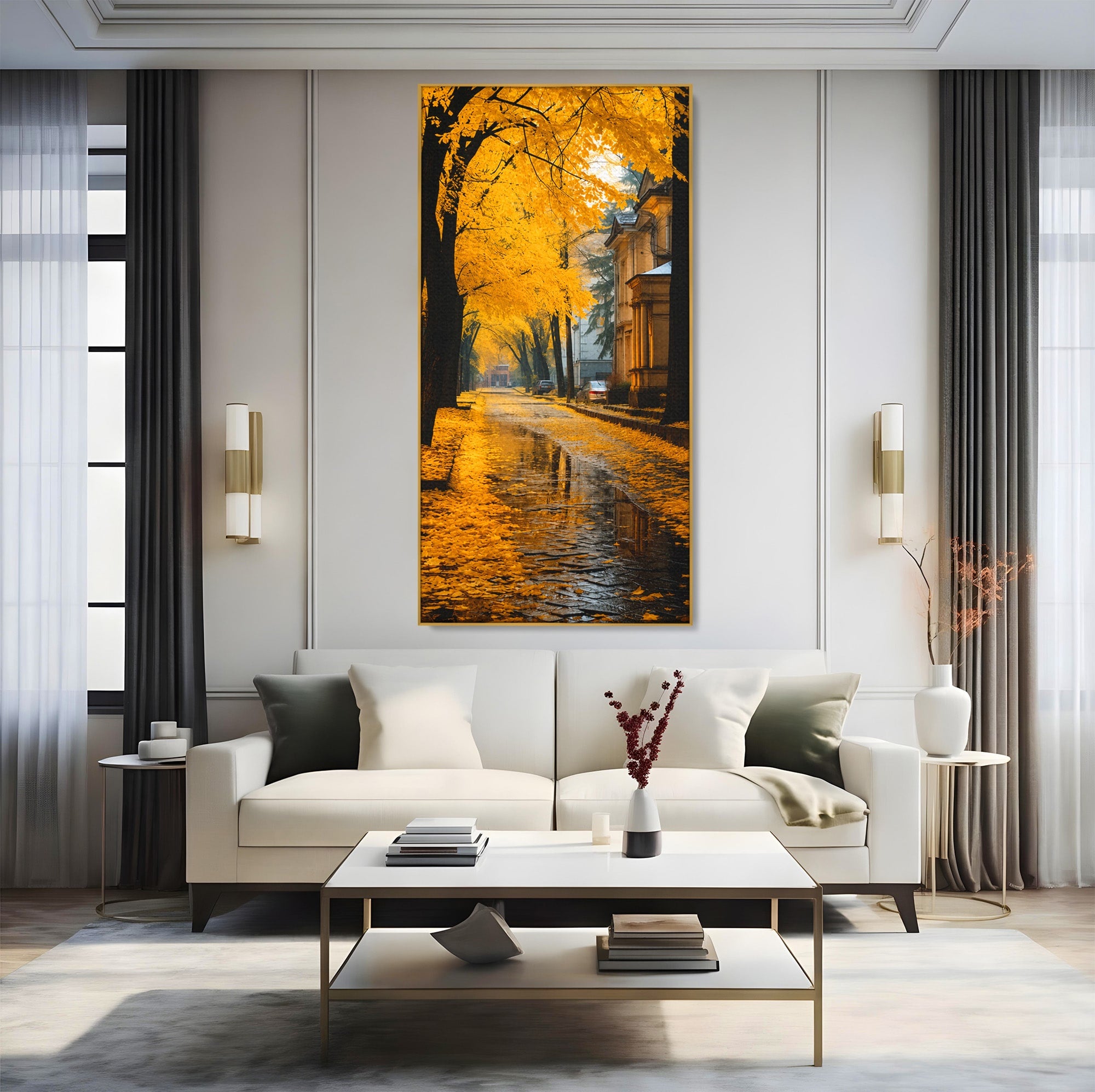 Tablou Canvas Premium LuxCanva® A1733, Toamna Aurie, Toamna, Frunze, Peisaj Urban, Melancolie, Living, Culori Vibrante