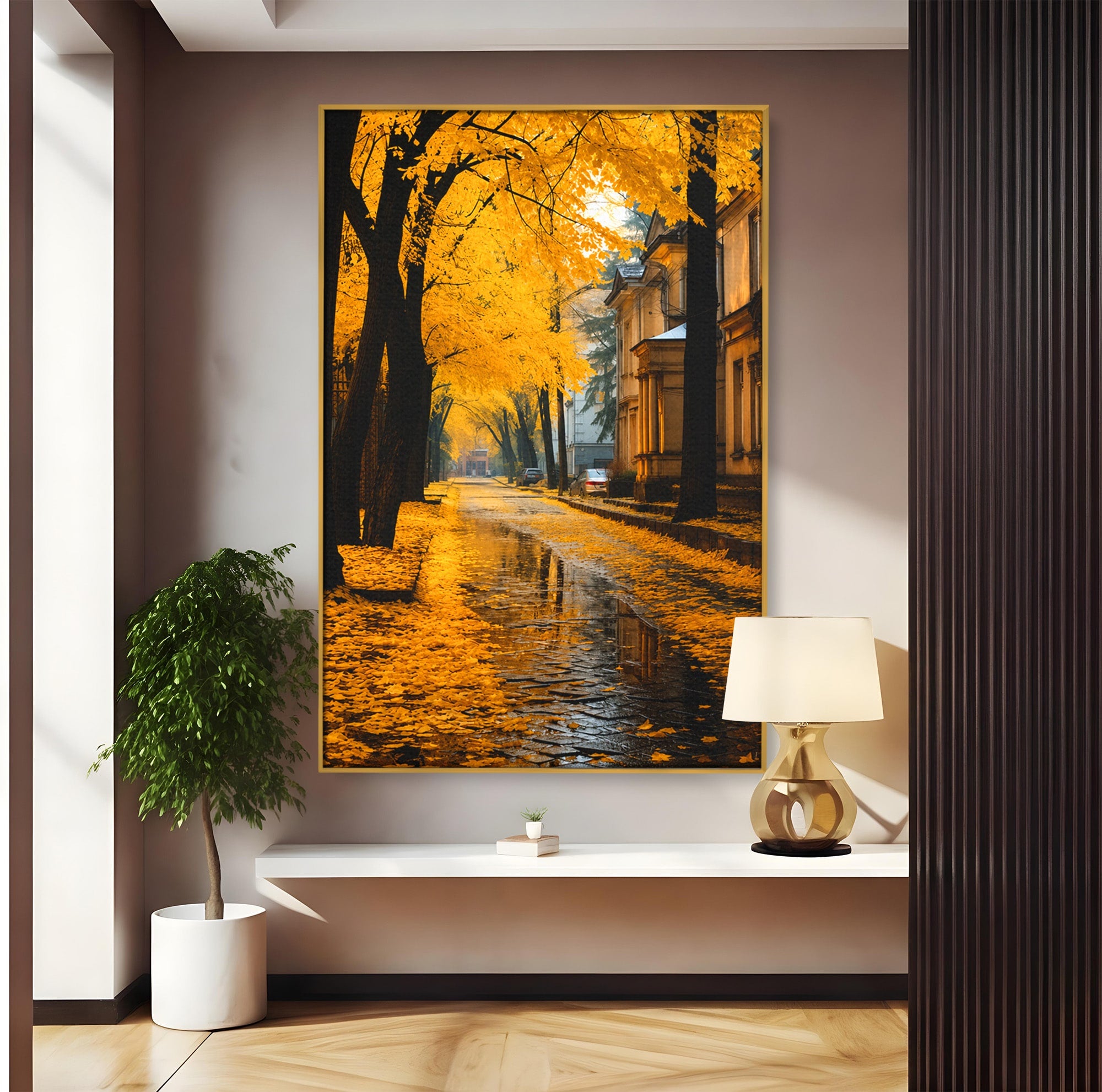 Tablou Canvas Premium LuxCanva® A1733, Toamna Aurie, Toamna, Frunze, Peisaj Urban, Melancolie, Living, Culori Vibrante