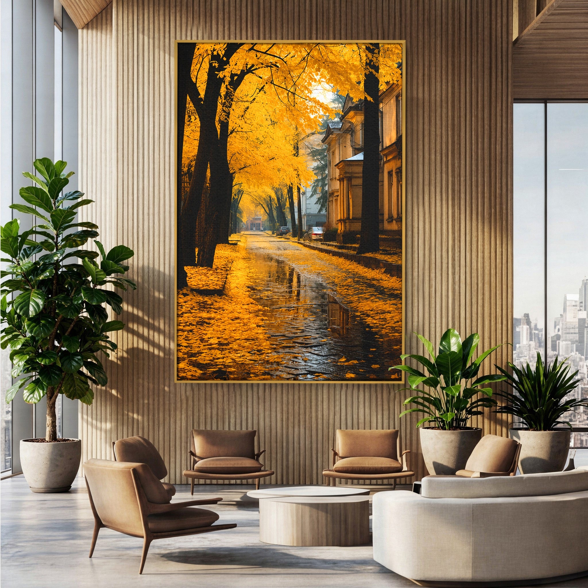 Tablou Canvas Premium LuxCanva® A1733, Toamna Aurie, Toamna, Frunze, Peisaj Urban, Melancolie, Living, Culori Vibrante