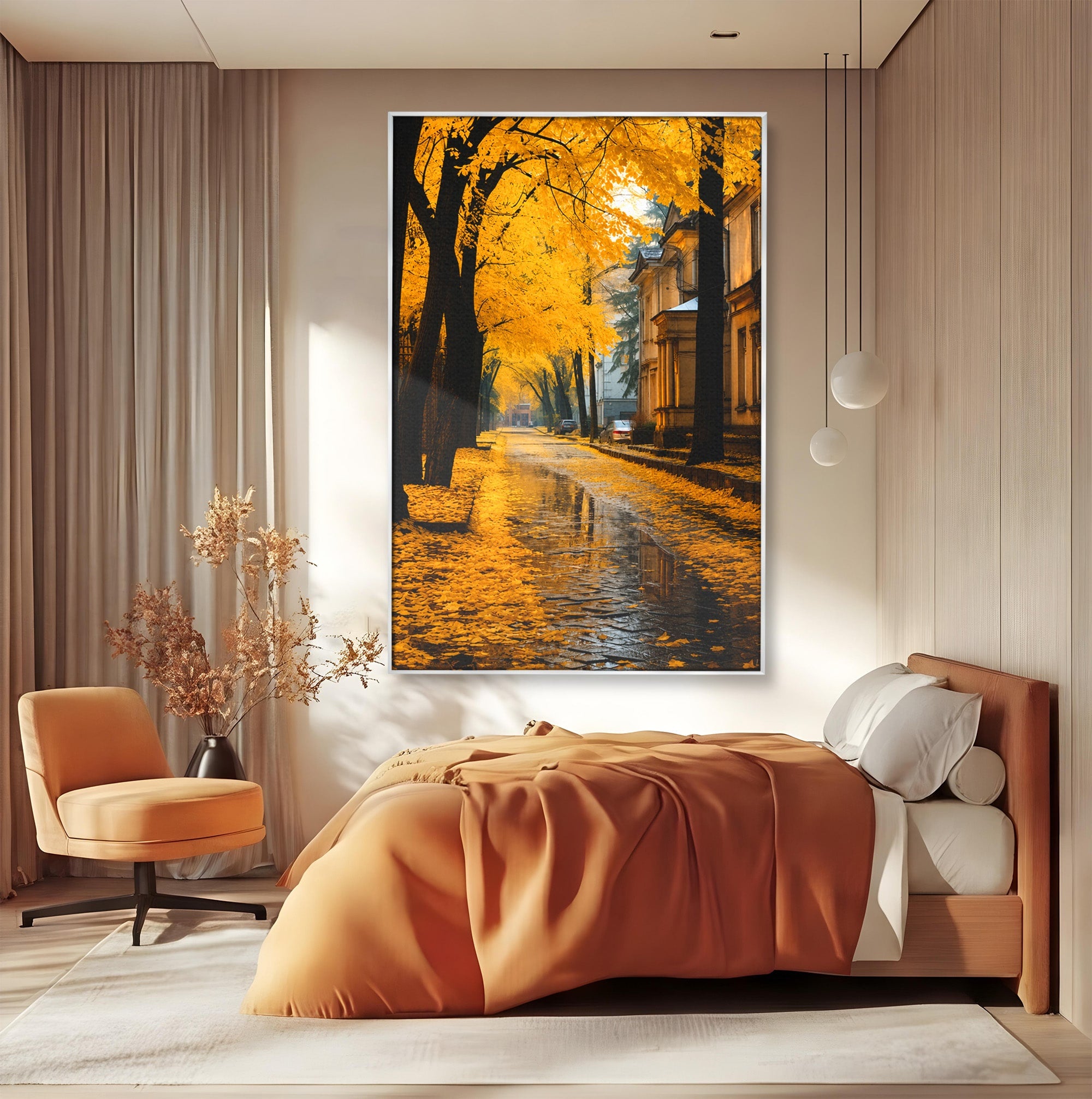 Tablou Canvas Premium LuxCanva® A1733, Toamna Aurie, Toamna, Frunze, Peisaj Urban, Melancolie, Living, Culori Vibrante
