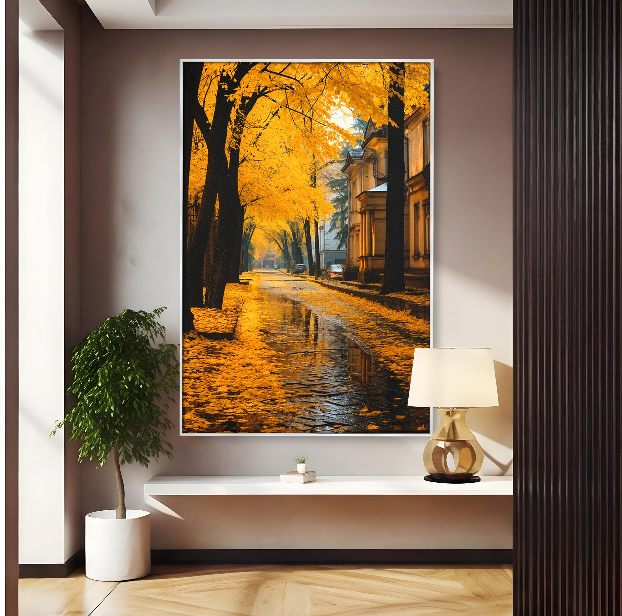 Tablou Canvas Premium LuxCanva® A1733, Toamna Aurie, Toamna, Frunze, Peisaj Urban, Melancolie, Living, Culori Vibrante