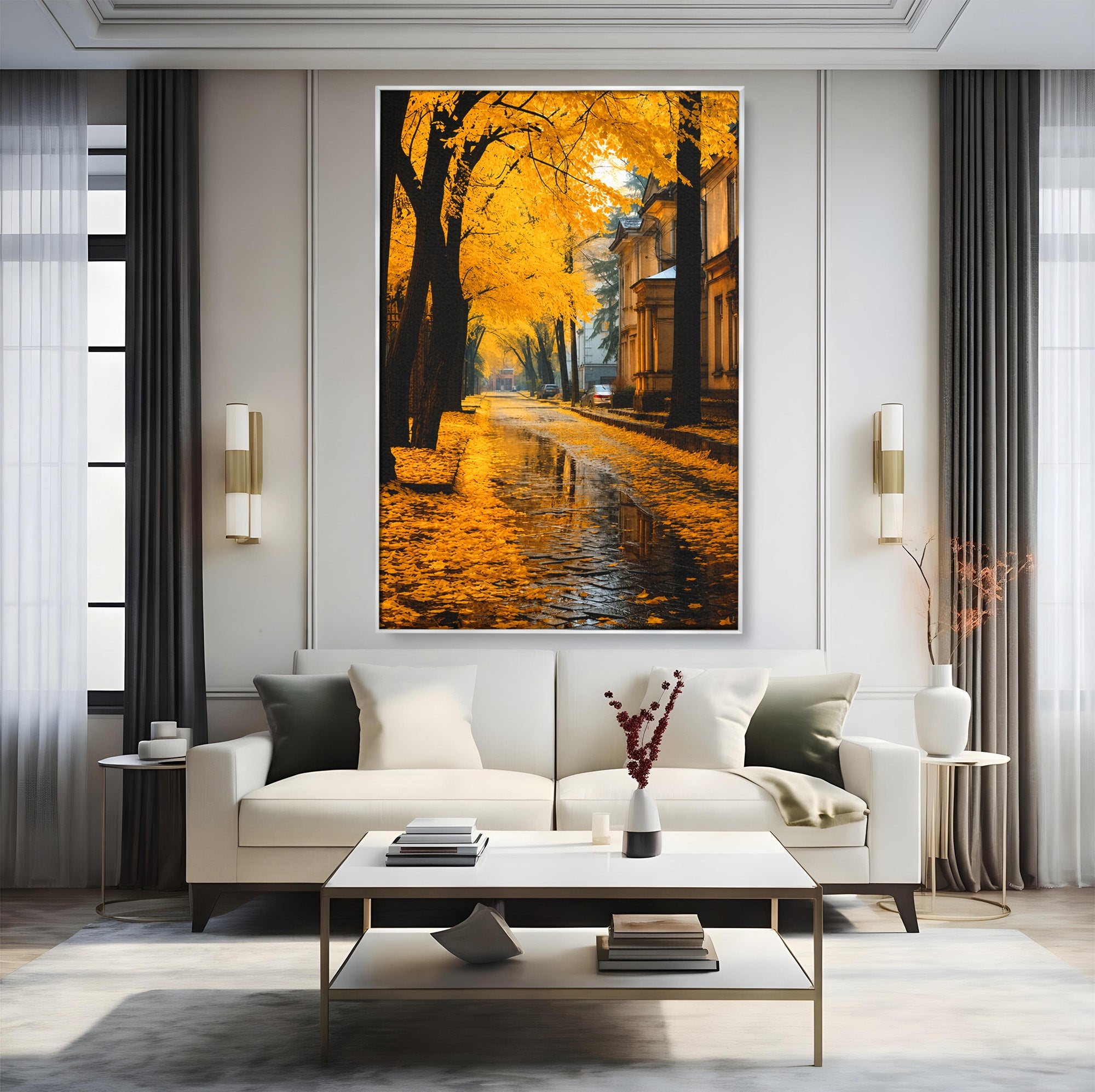 Tablou Canvas Premium LuxCanva® A1733, Toamna Aurie, Toamna, Frunze, Peisaj Urban, Melancolie, Living, Culori Vibrante
