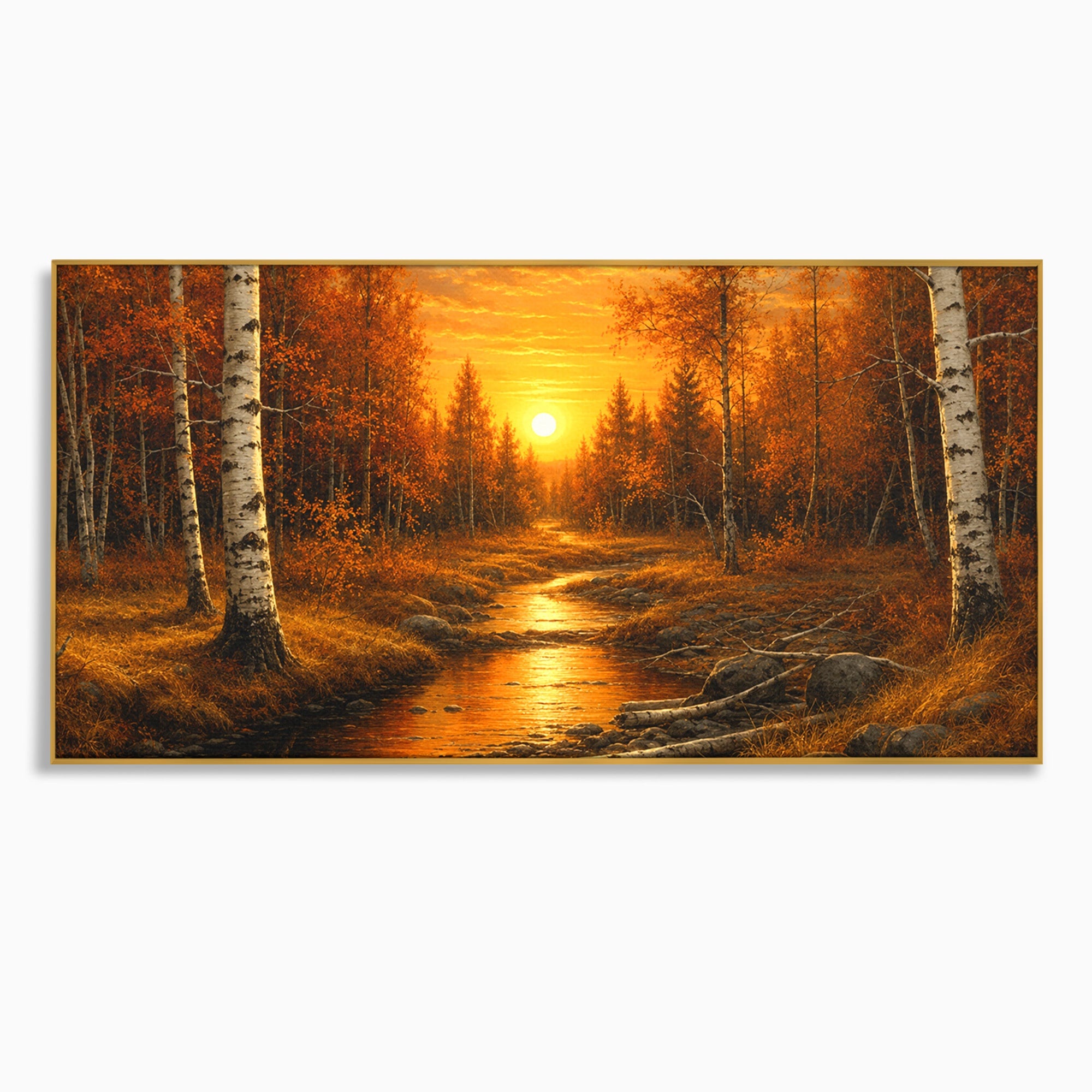 Tablou Canvas Premium LuxCanva® A1734, Apus De Toamna, Apus, Toamna, Padure, Rau, Living, Culori Vibrante