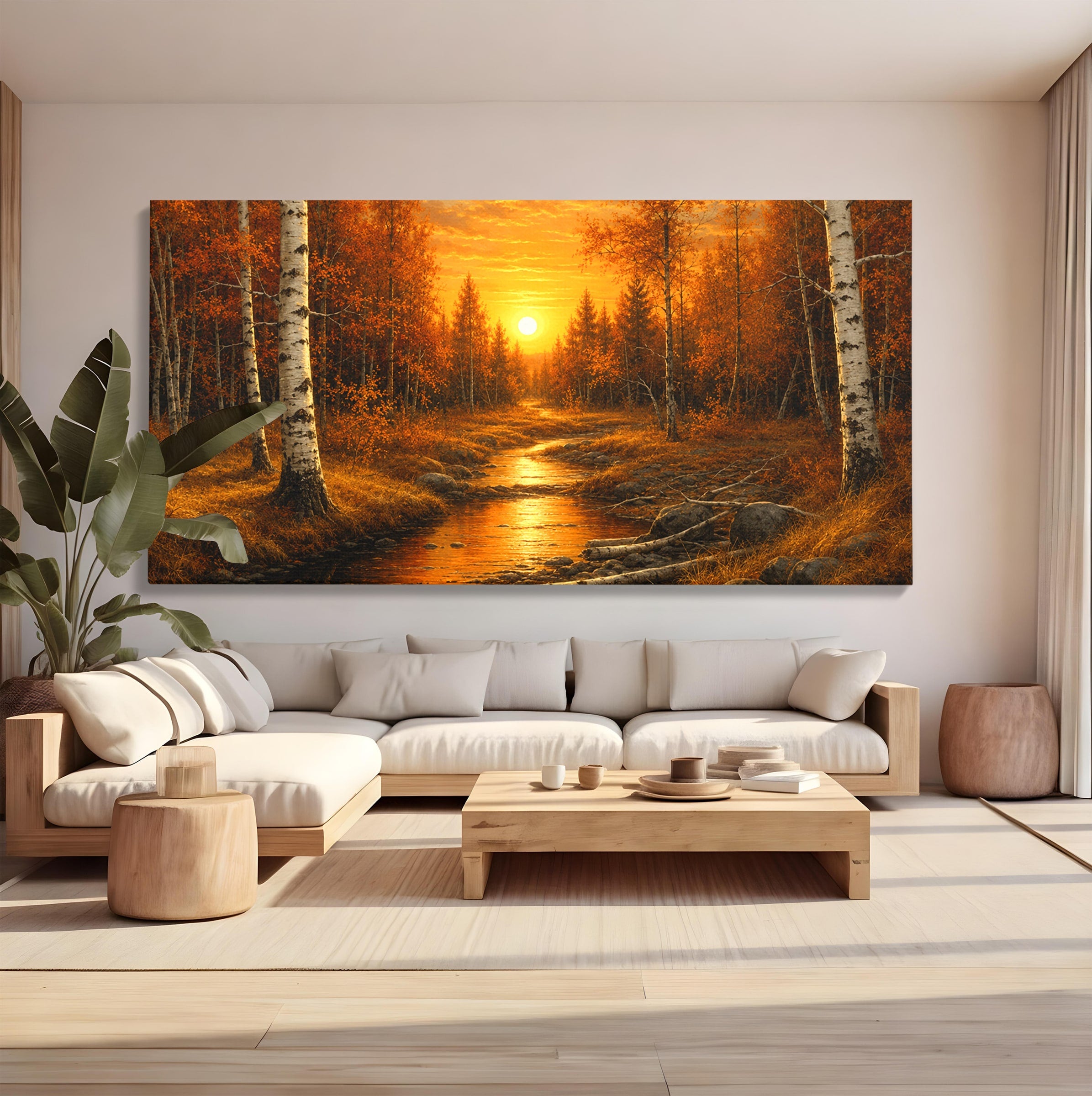 Tablou Canvas Premium LuxCanva® A1734, Apus De Toamna, Apus, Toamna, Padure, Rau, Living, Culori Vibrante