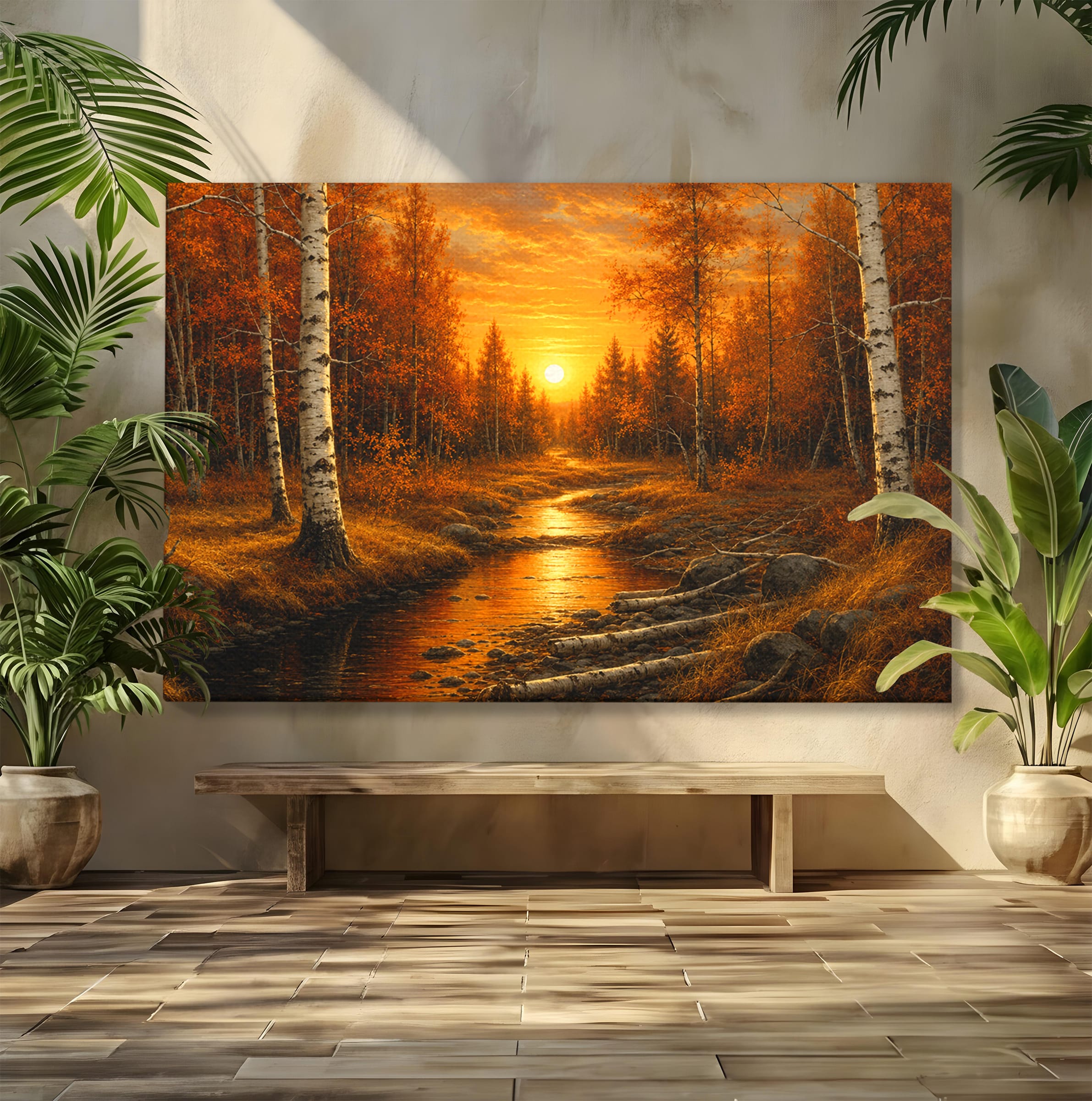 Tablou Canvas Premium LuxCanva® A1734, Apus De Toamna, Apus, Toamna, Padure, Rau, Living, Culori Vibrante
