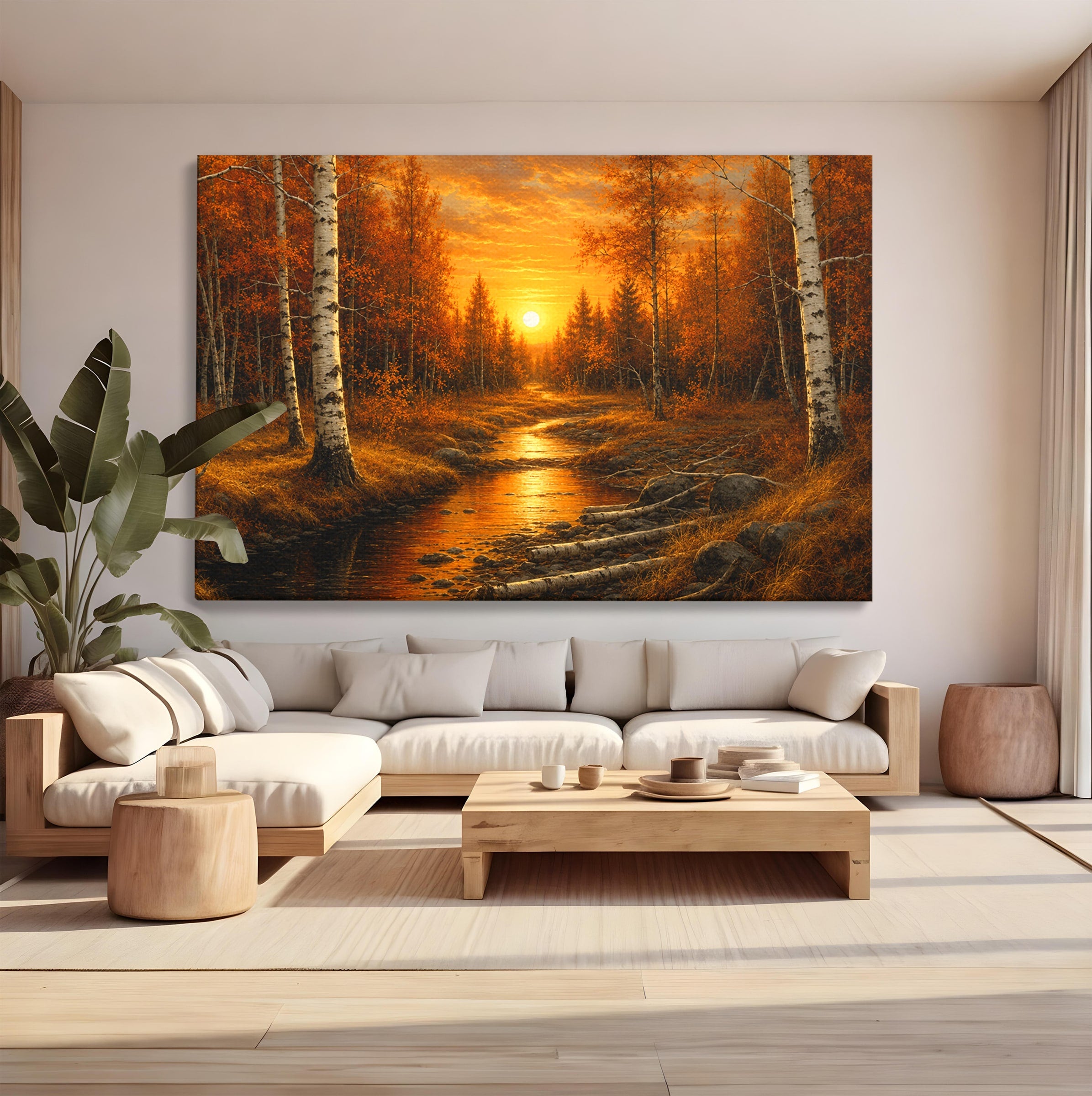 Tablou Canvas Premium LuxCanva® A1734, Apus De Toamna, Apus, Toamna, Padure, Rau, Living, Culori Vibrante