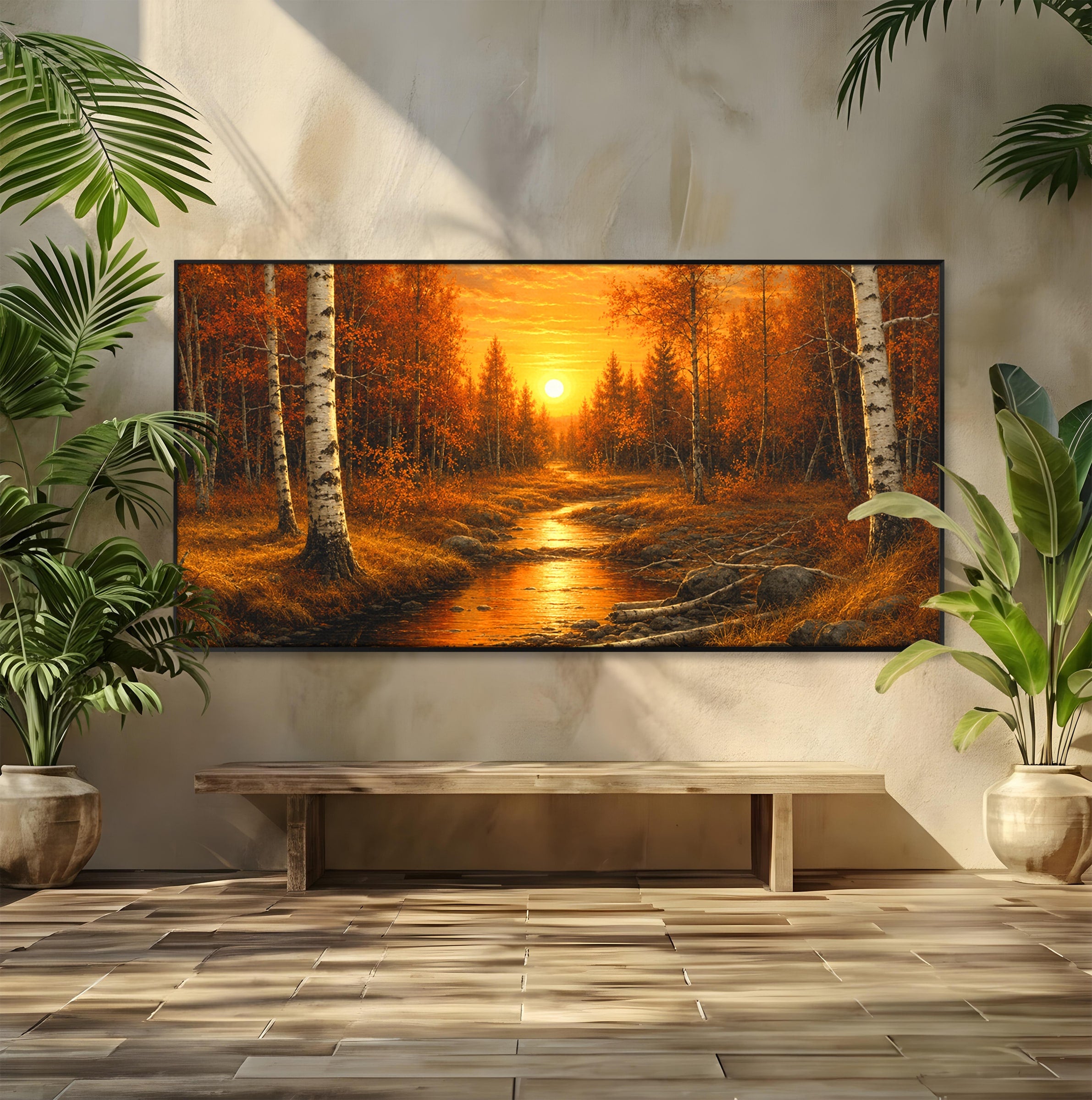 Tablou Canvas Premium LuxCanva® A1734, Apus De Toamna, Apus, Toamna, Padure, Rau, Living, Culori Vibrante