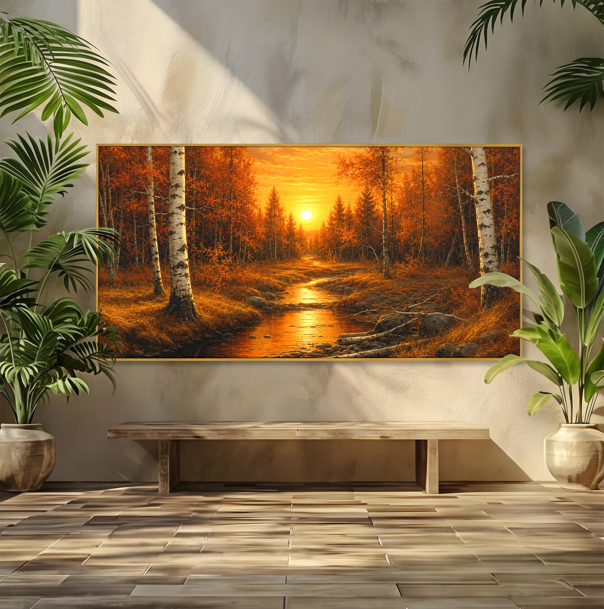 Tablou Canvas Premium LuxCanva® A1734, Apus De Toamna, Apus, Toamna, Padure, Rau, Living, Culori Vibrante