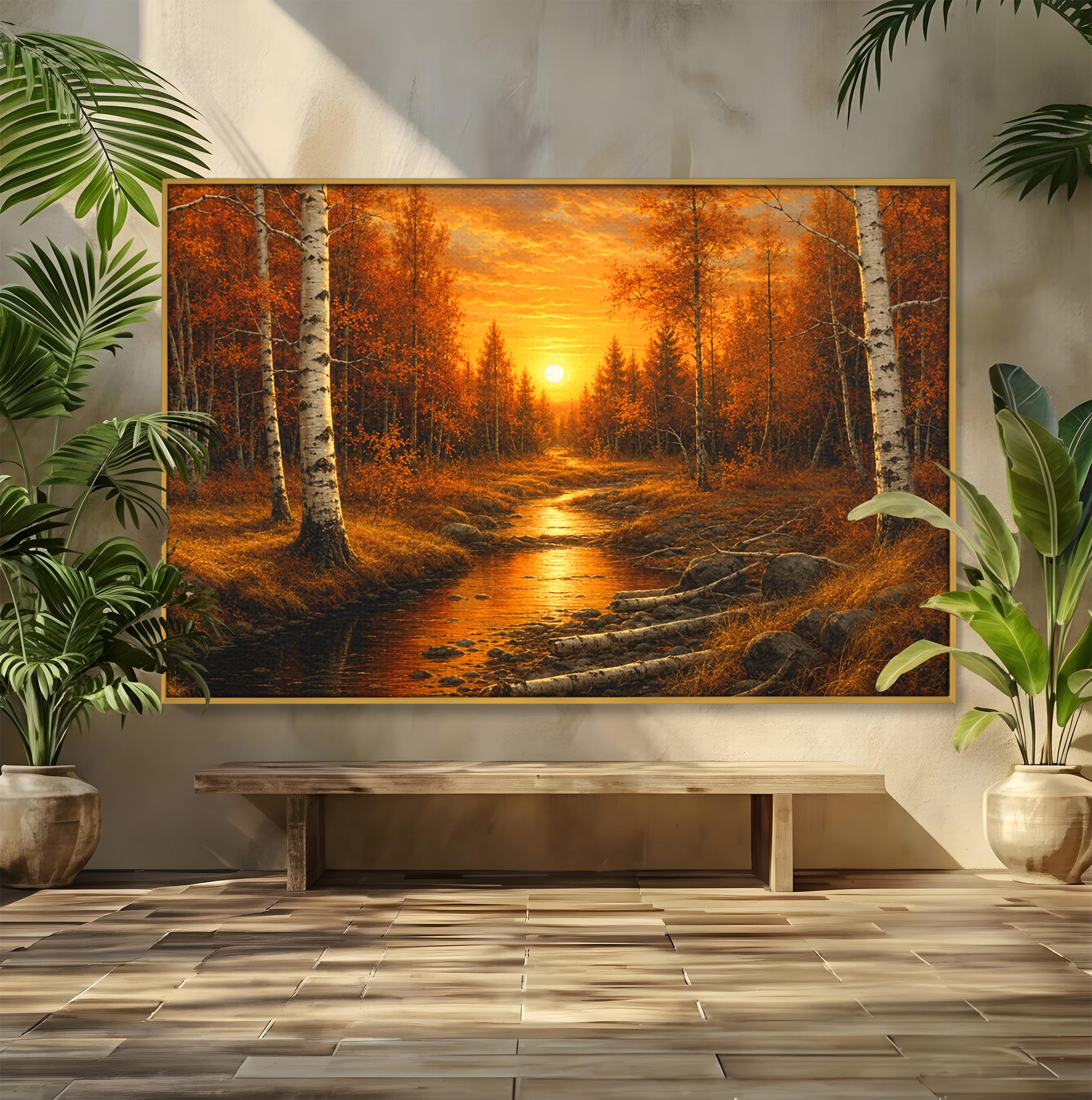 Tablou Canvas Premium LuxCanva® A1734, Apus De Toamna, Apus, Toamna, Padure, Rau, Living, Culori Vibrante