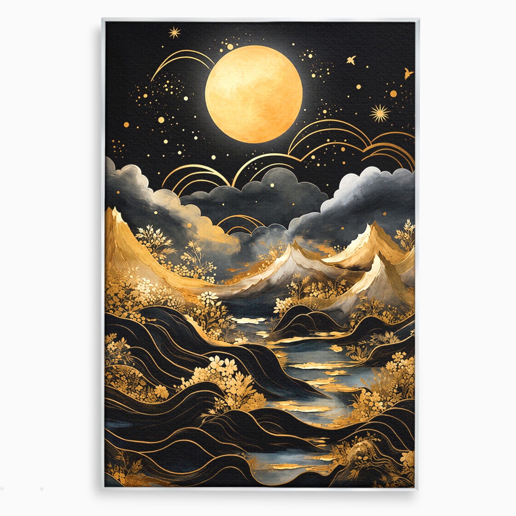Tablou Canvas Premium LuxCanva® A1736, Luna Deasupra Muntilor, Luna, Munti, Peisaj, Noapte, Dormitor, Culori Vibrante