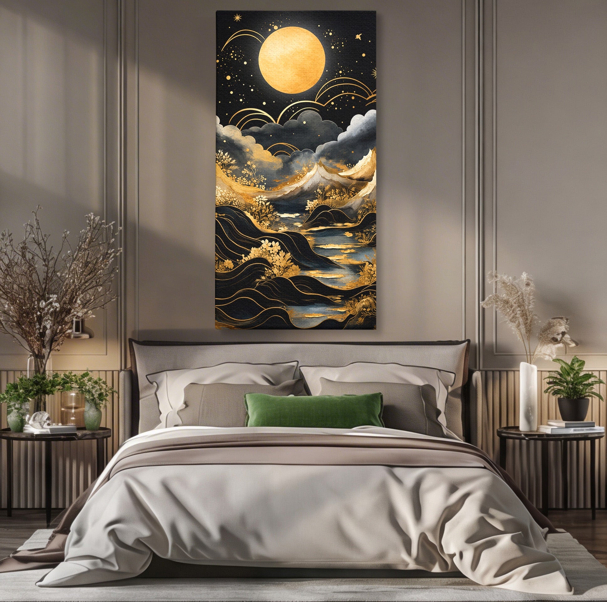 Tablou Canvas Premium LuxCanva® A1736, Luna Deasupra Muntilor, Luna, Munti, Peisaj, Noapte, Dormitor, Culori Vibrante