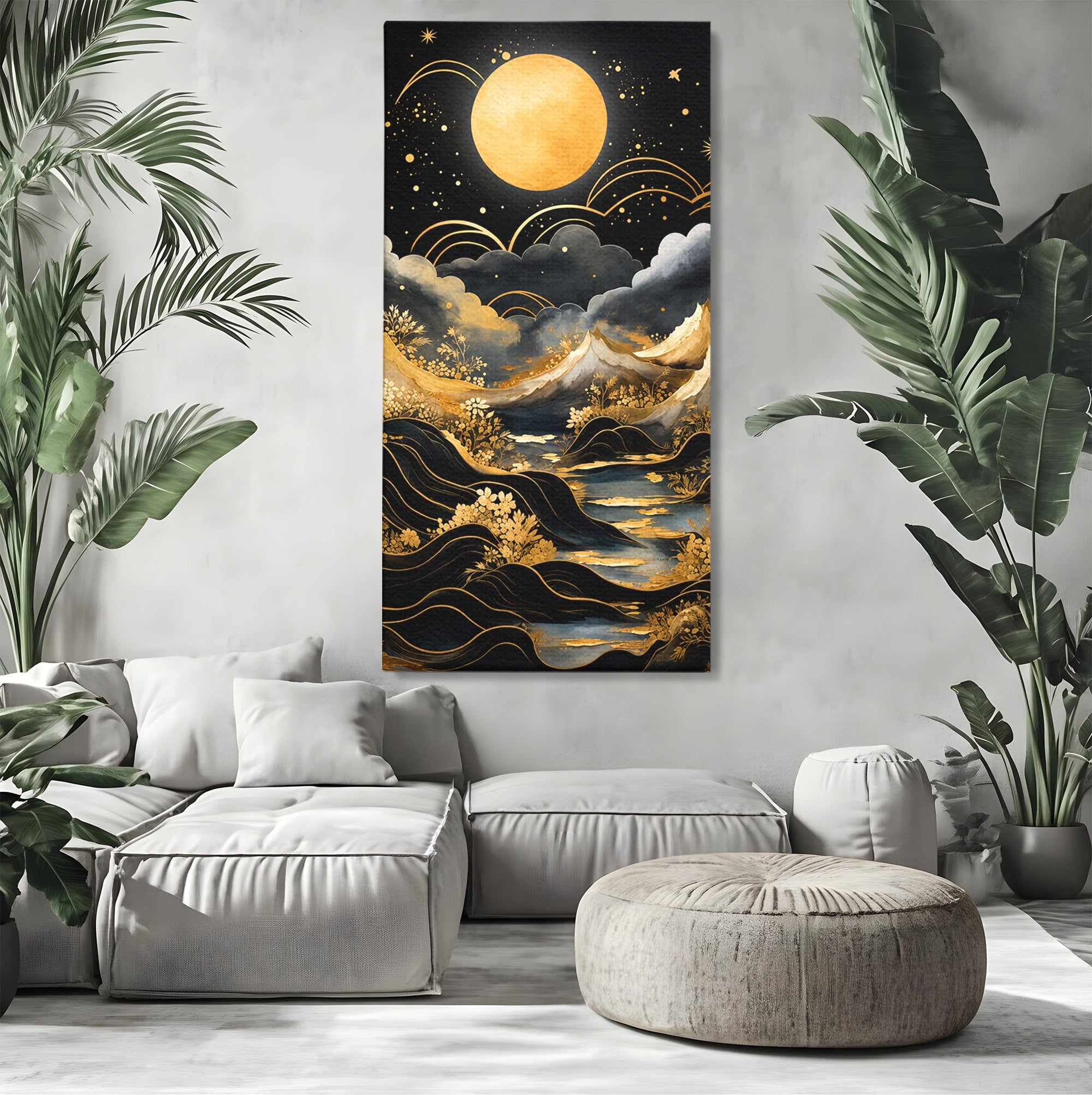 Tablou Canvas Premium LuxCanva® A1736, Luna Deasupra Muntilor, Luna, Munti, Peisaj, Noapte, Dormitor, Culori Vibrante