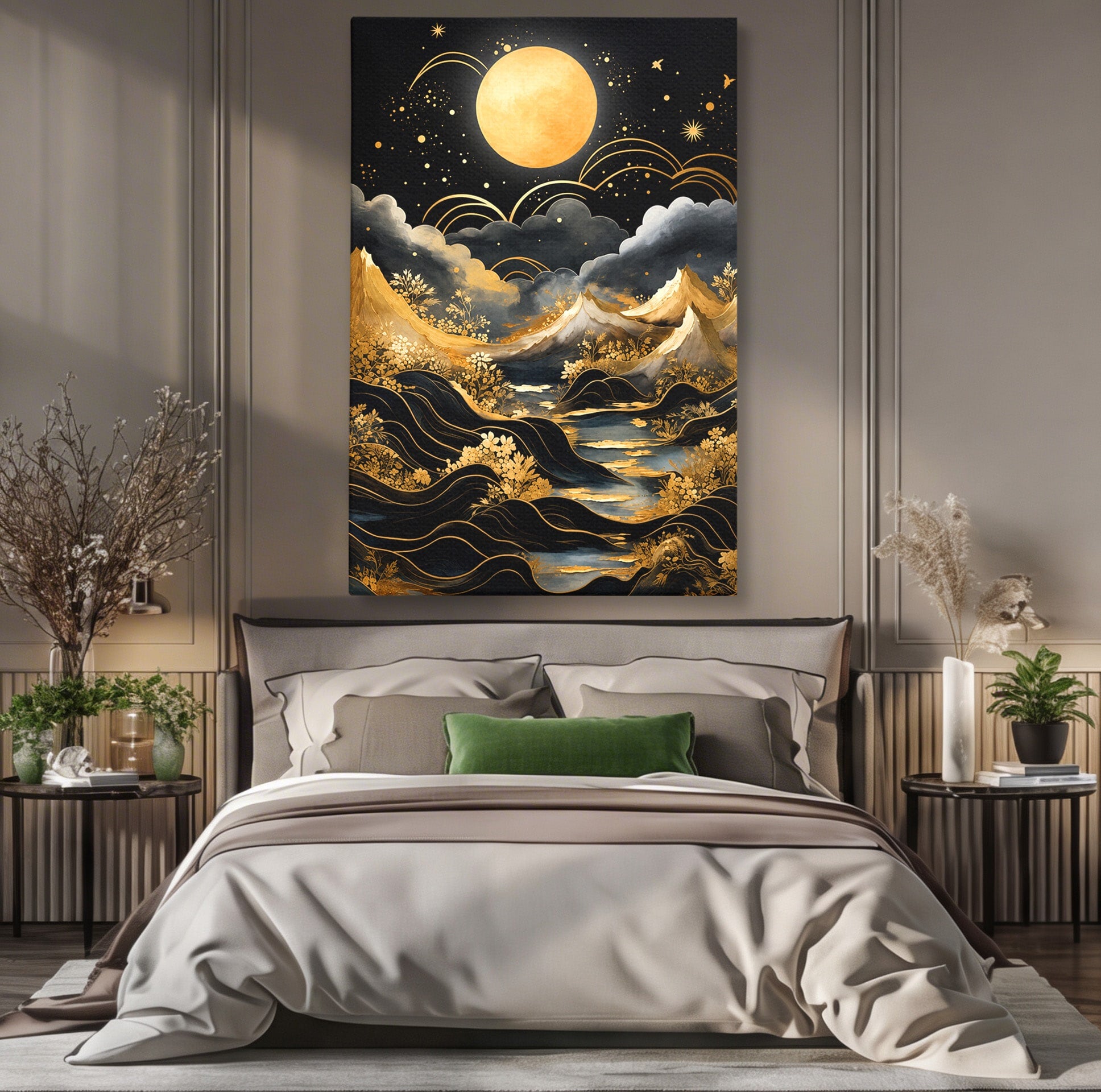 Tablou Canvas Premium LuxCanva® A1736, Luna Deasupra Muntilor, Luna, Munti, Peisaj, Noapte, Dormitor, Culori Vibrante