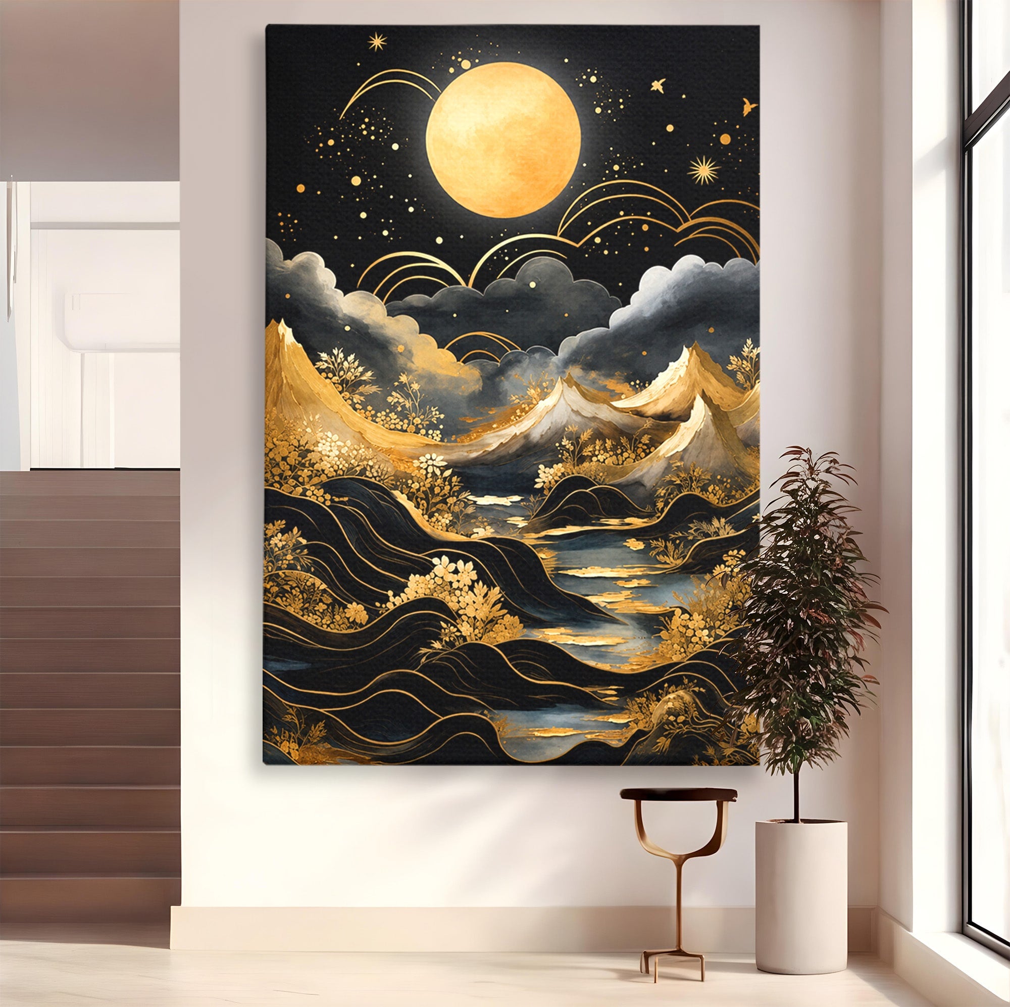 Tablou Canvas Premium LuxCanva® A1736, Luna Deasupra Muntilor, Luna, Munti, Peisaj, Noapte, Dormitor, Culori Vibrante