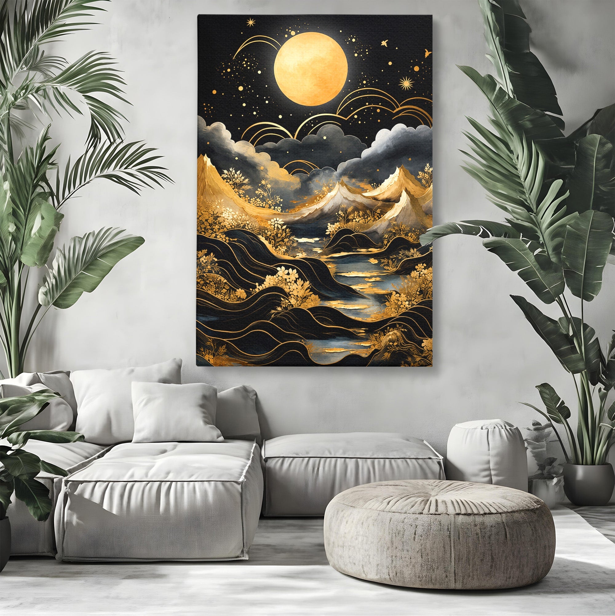 Tablou Canvas Premium LuxCanva® A1736, Luna Deasupra Muntilor, Luna, Munti, Peisaj, Noapte, Dormitor, Culori Vibrante