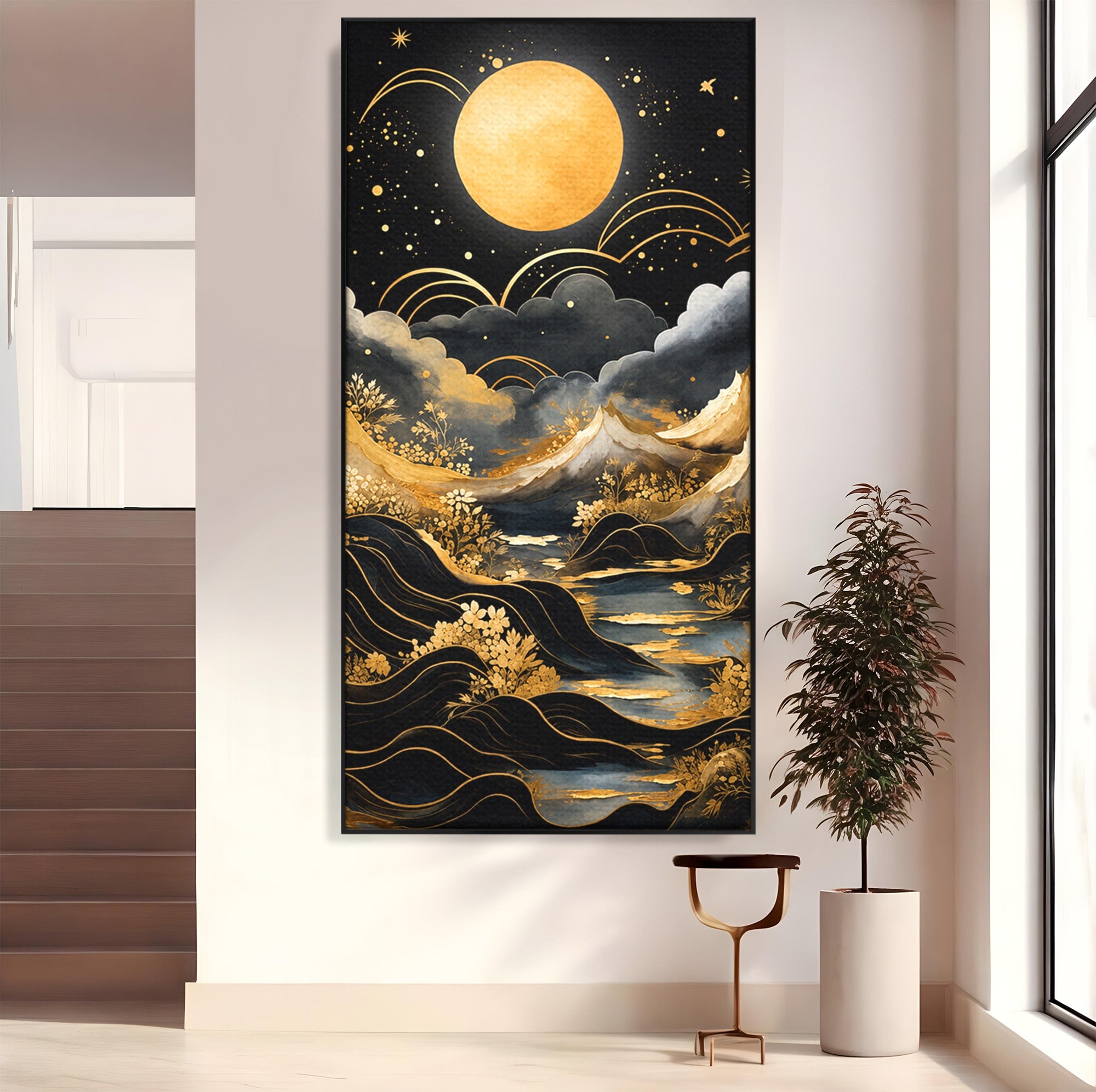 Tablou Canvas Premium LuxCanva® A1736, Luna Deasupra Muntilor, Luna, Munti, Peisaj, Noapte, Dormitor, Culori Vibrante